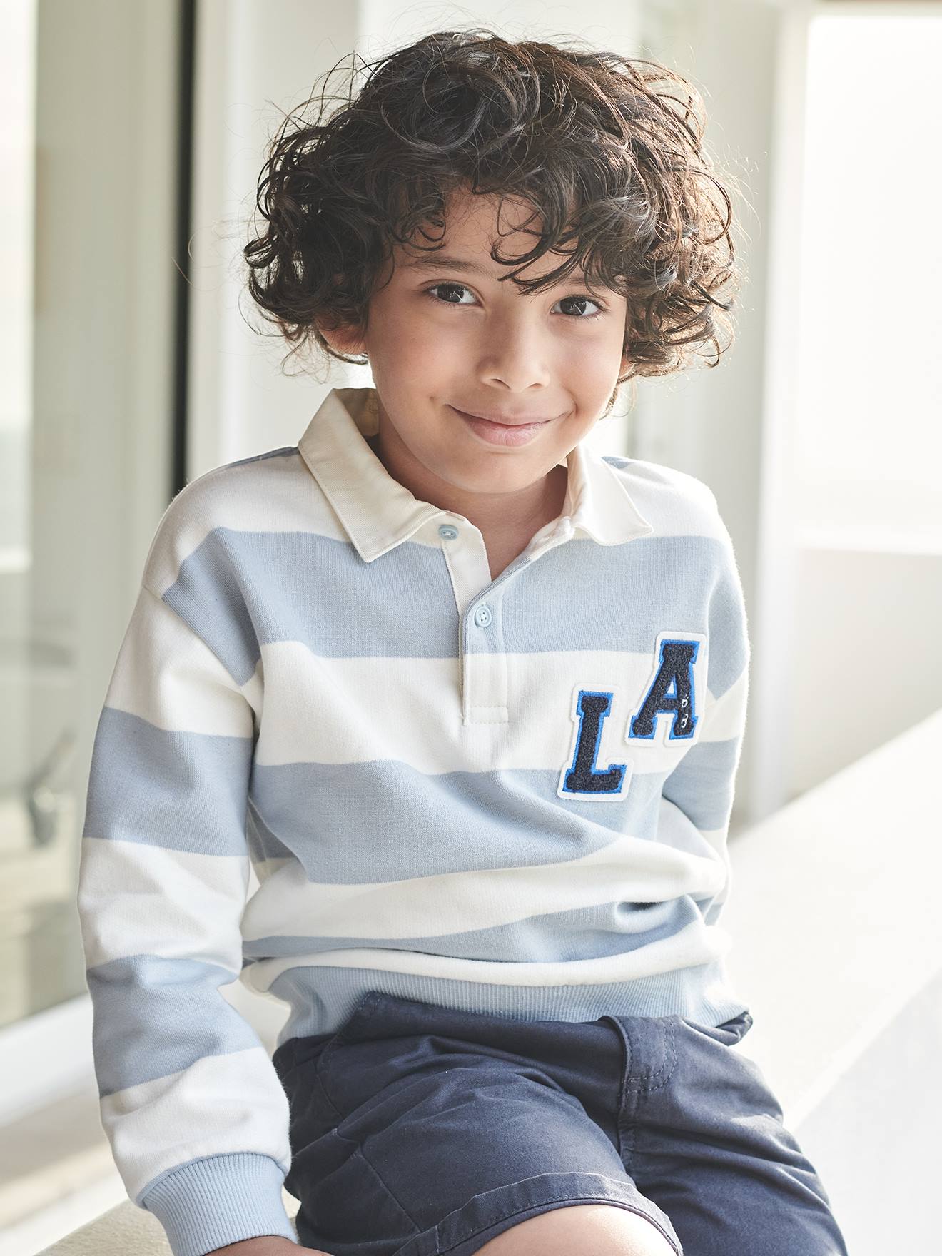 Sweat rayé col polo style collège garçon rayé bleu
