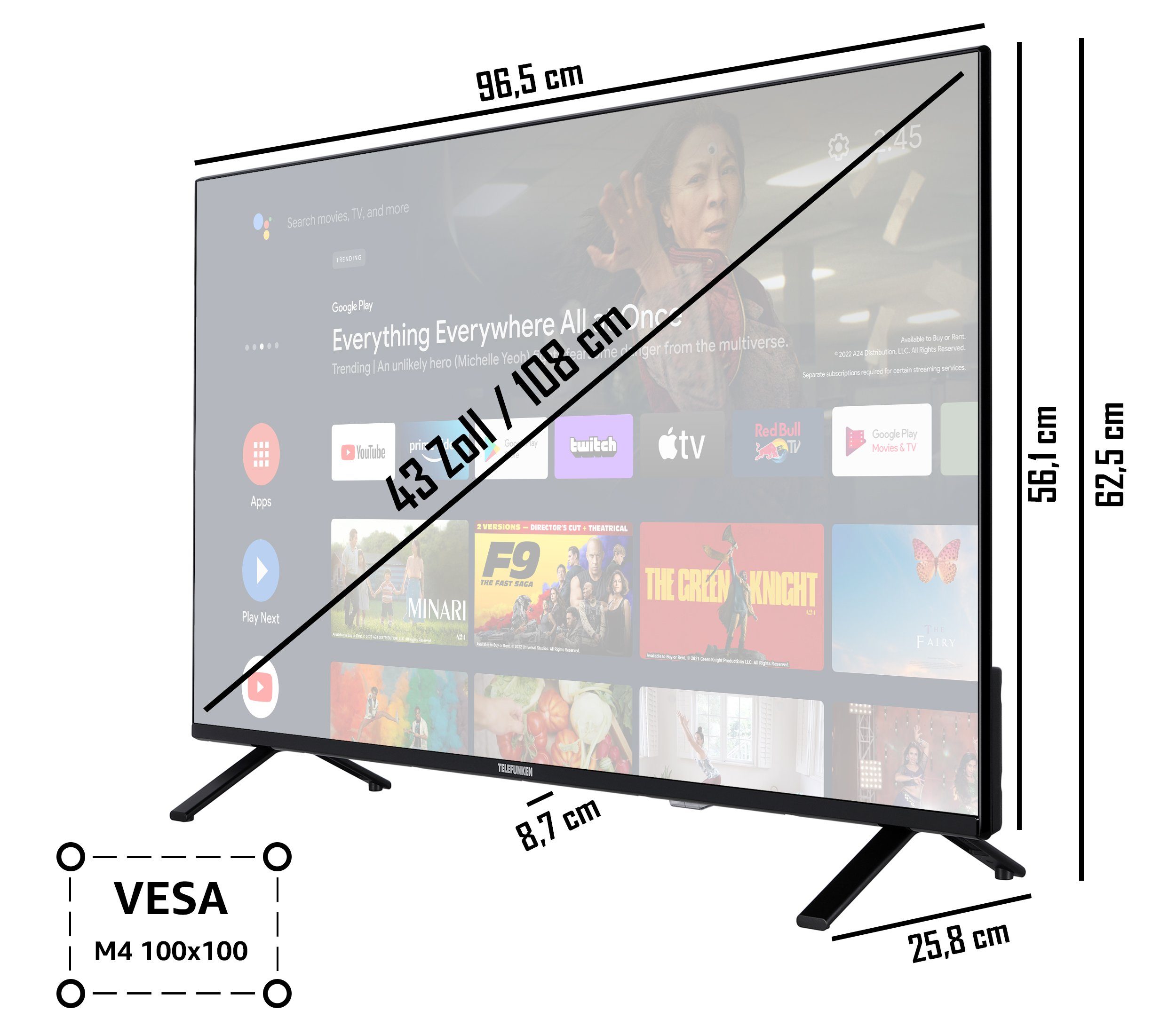 Telefunken XU43AN751S LCD-LED Fernseher (108 cm/43 Zoll, 4K Ultra HD, Android TV, HDR Dolby Vision, Triple-Tuner, Bluetooth, Dolby Atmos)