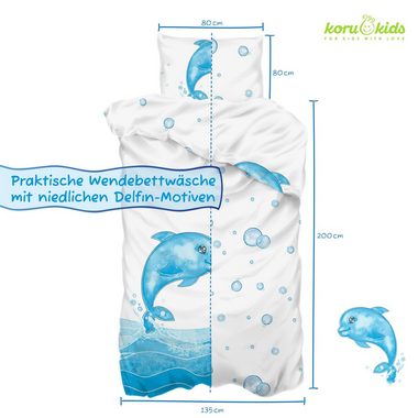 Kinderbettwäsche Wendebettwäsche Delfin, Koru Kids, 100%Baumwolle (Mako Satin), 2 teilig, als Kinderbettwäsche 135x200 oder Babybettwäsche 100x135