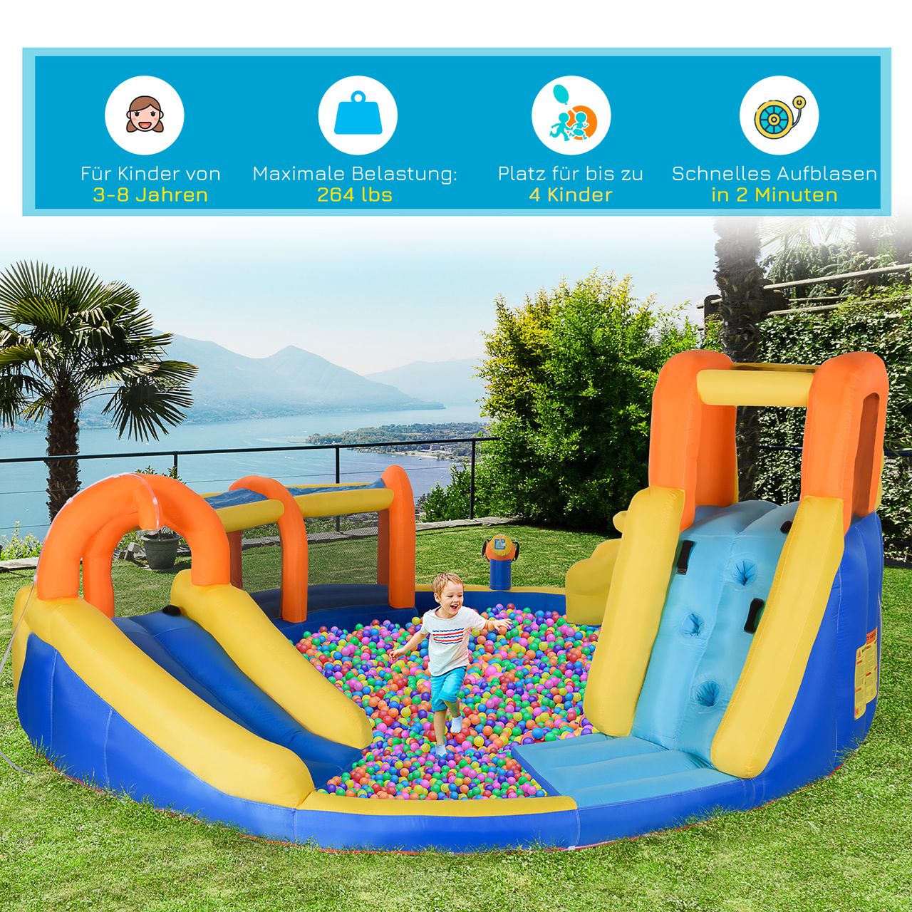 Outsunny Aufblasbare Hüpfburg 5 in 1 Wasserpark mit Gebläse, Tasche, Flicken