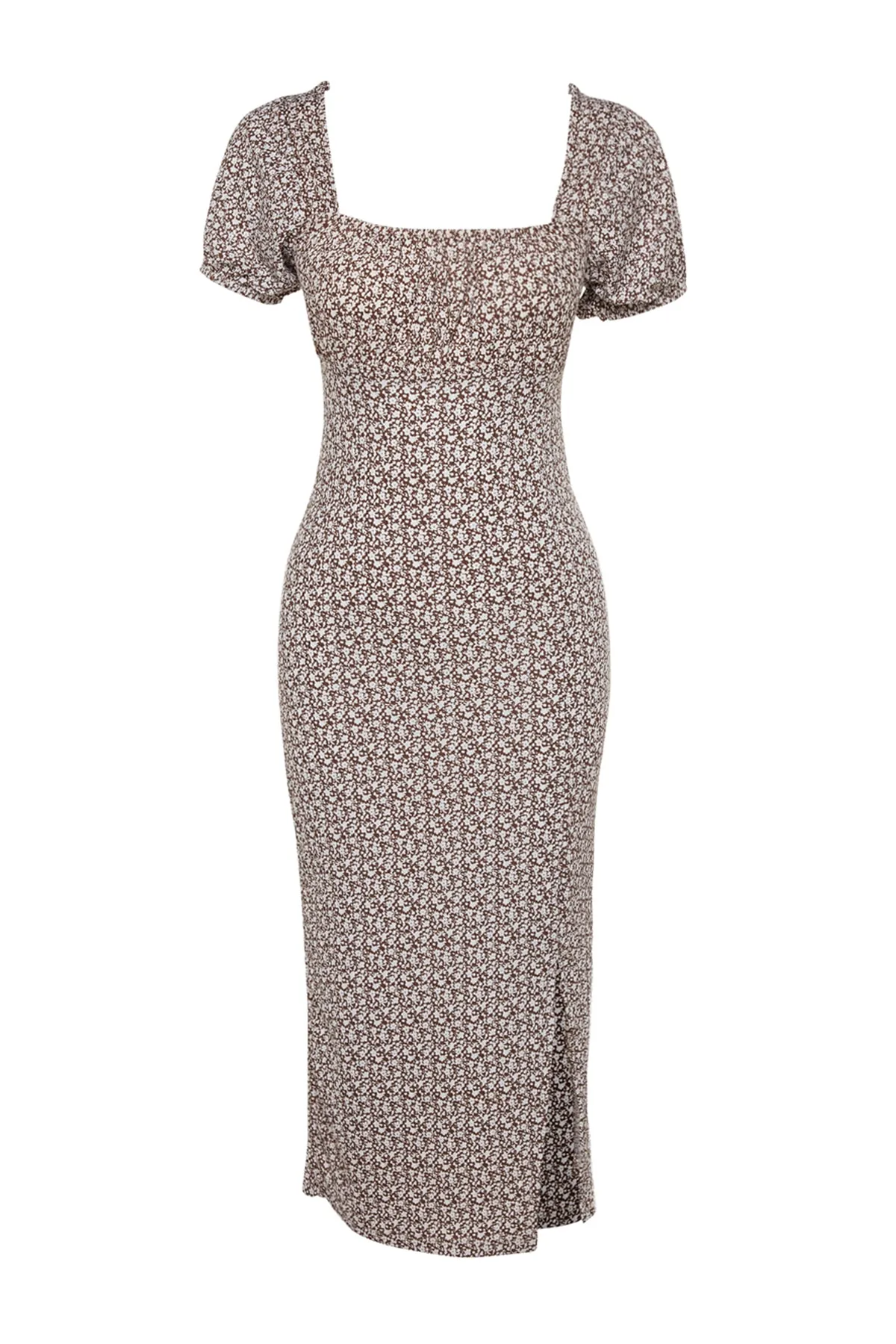 Trendyol Collection  Braunes, bedrucktes Midi-Strickkleid mit Schlitz und detailliertem, eckigem Ausschnitt TWOSS23EL00713