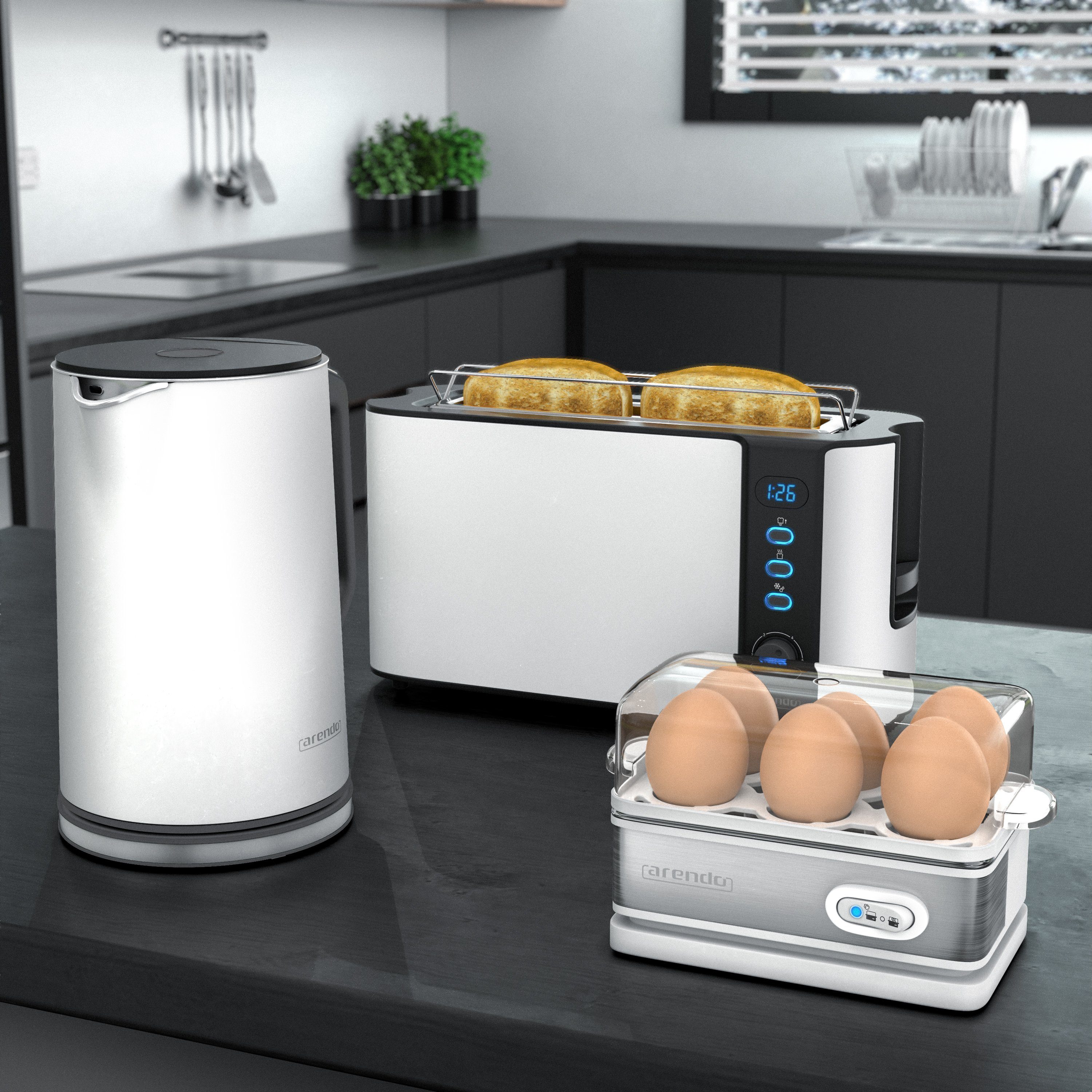Arendo Frühstücks-Set (3-tlg), Wasserkocher 1,5l / 2-Scheiben Toaster / Eierkocher, Edelstahl, Weiß