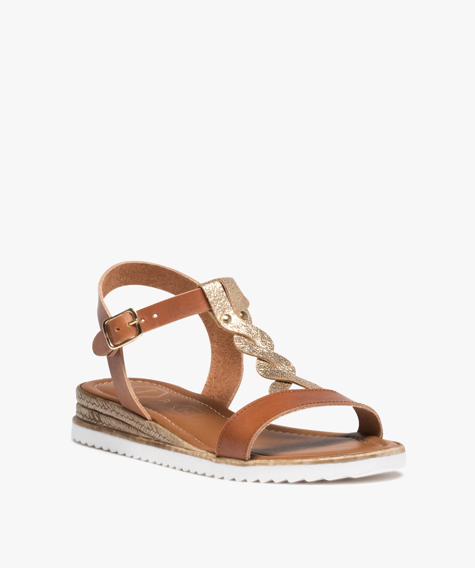 Sandales femme compensées en cuir avec détail tressé doré - Taneo