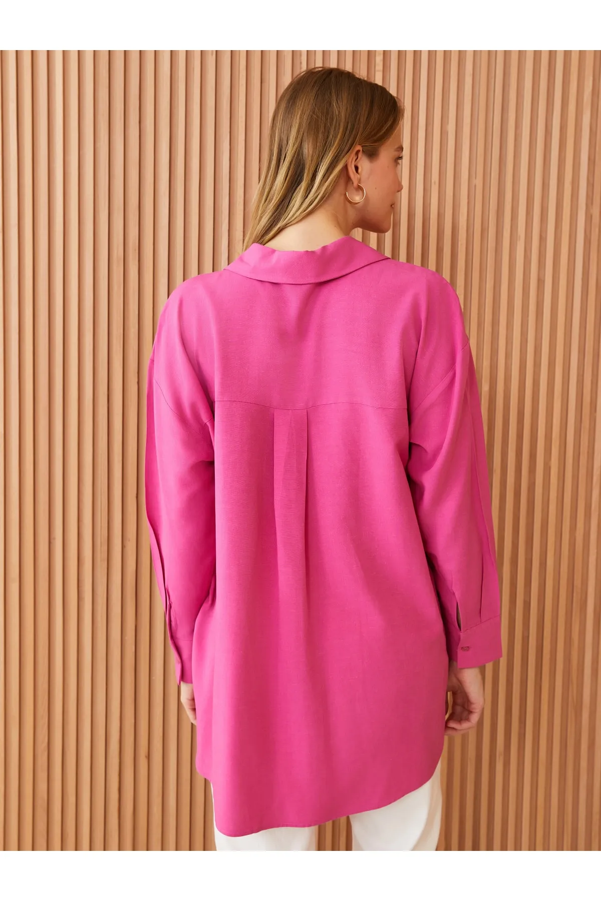 LC Waikiki  Hemdkragen Uni Langarm Leinenmischung Oversize Damen Tunika