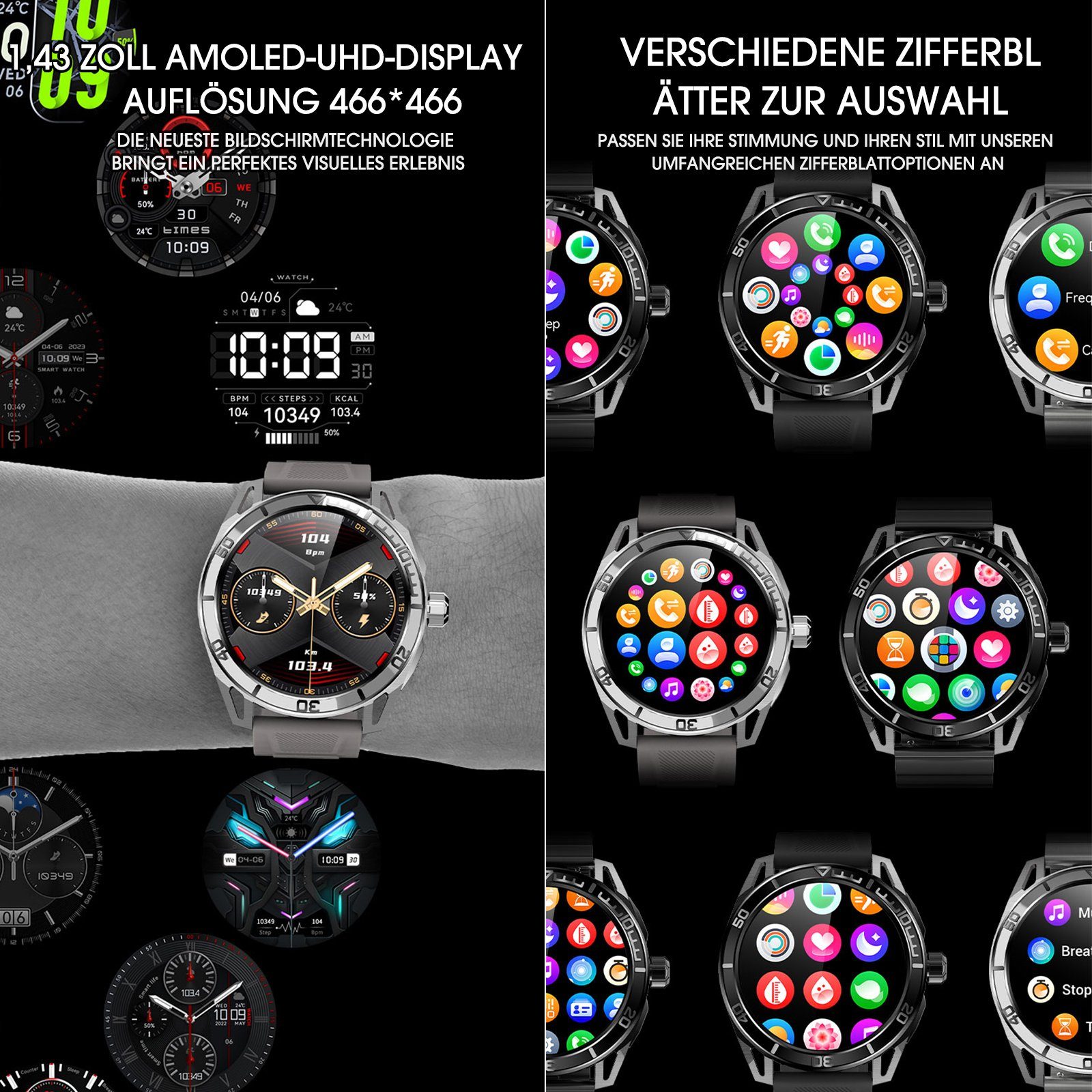 Yuede AMOLED Smartwatch, Fitness Uhr mit Anruffunktion für Damen und Herren Smartwatch (Rundes 1,43-Zoll-UHD-Full-Touch-AMOLED Farbdisplay Zoll) Gesundheits-Smartwatches mit Blutsauerstoff, Blutdruckmessung, Herzfrequenz, Schlafqualität, Schrittzähle