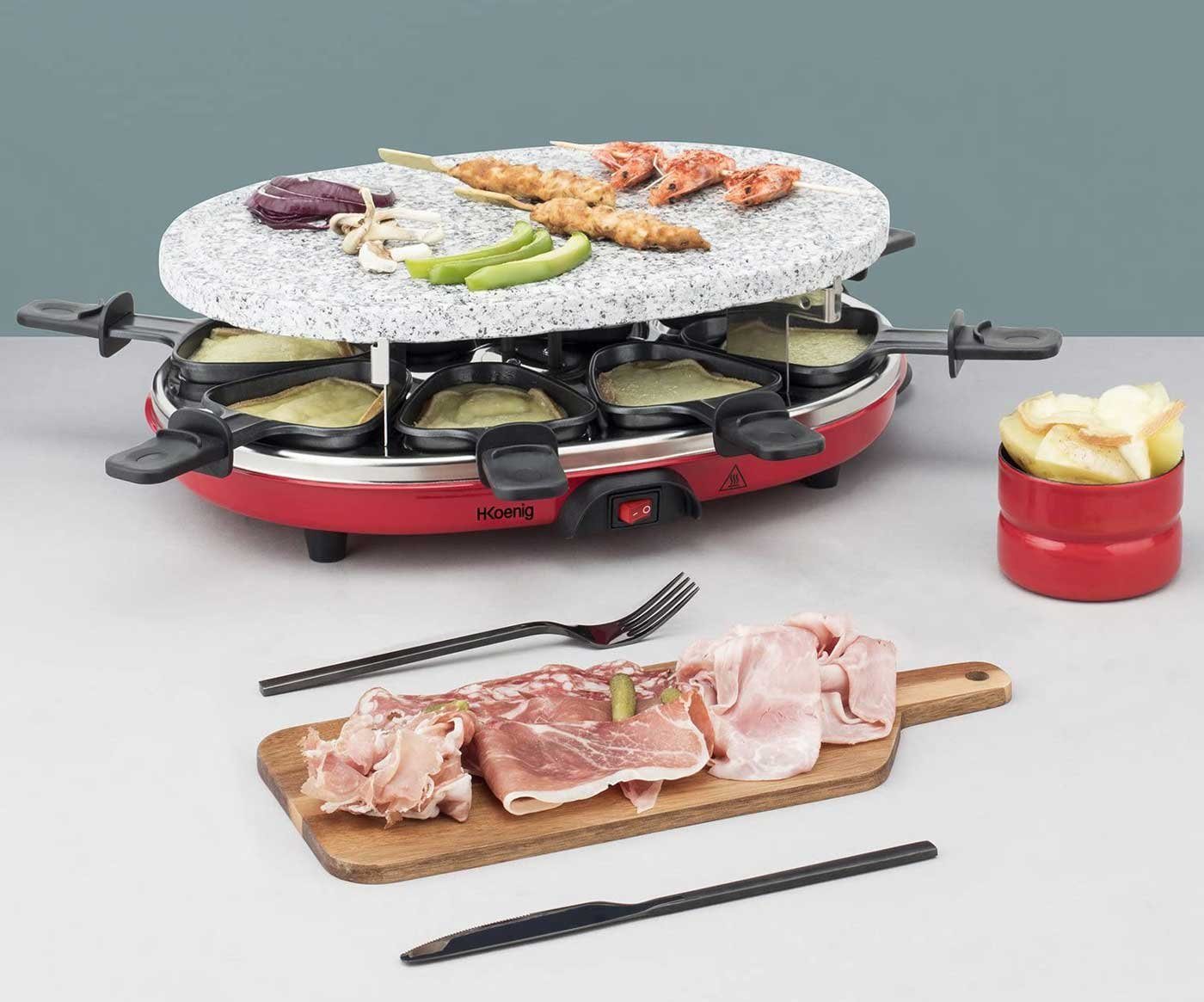 H.Koenig Raclette RP-412 mit wechselbaren Pletten, heißer Stein, 8 Raclettepfännchen, 900 W