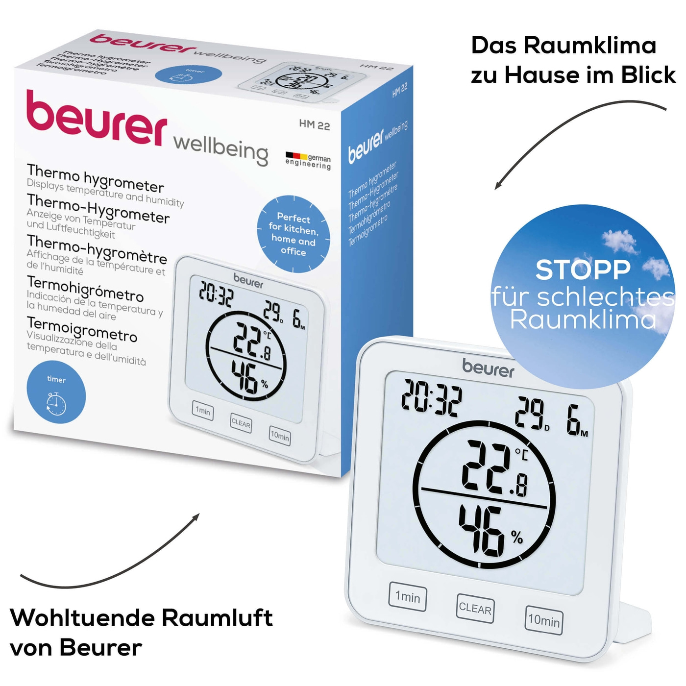 Beurer Thermo-Hygrometer HM 22-Ideal für die Küche, zu Hause und im Büro