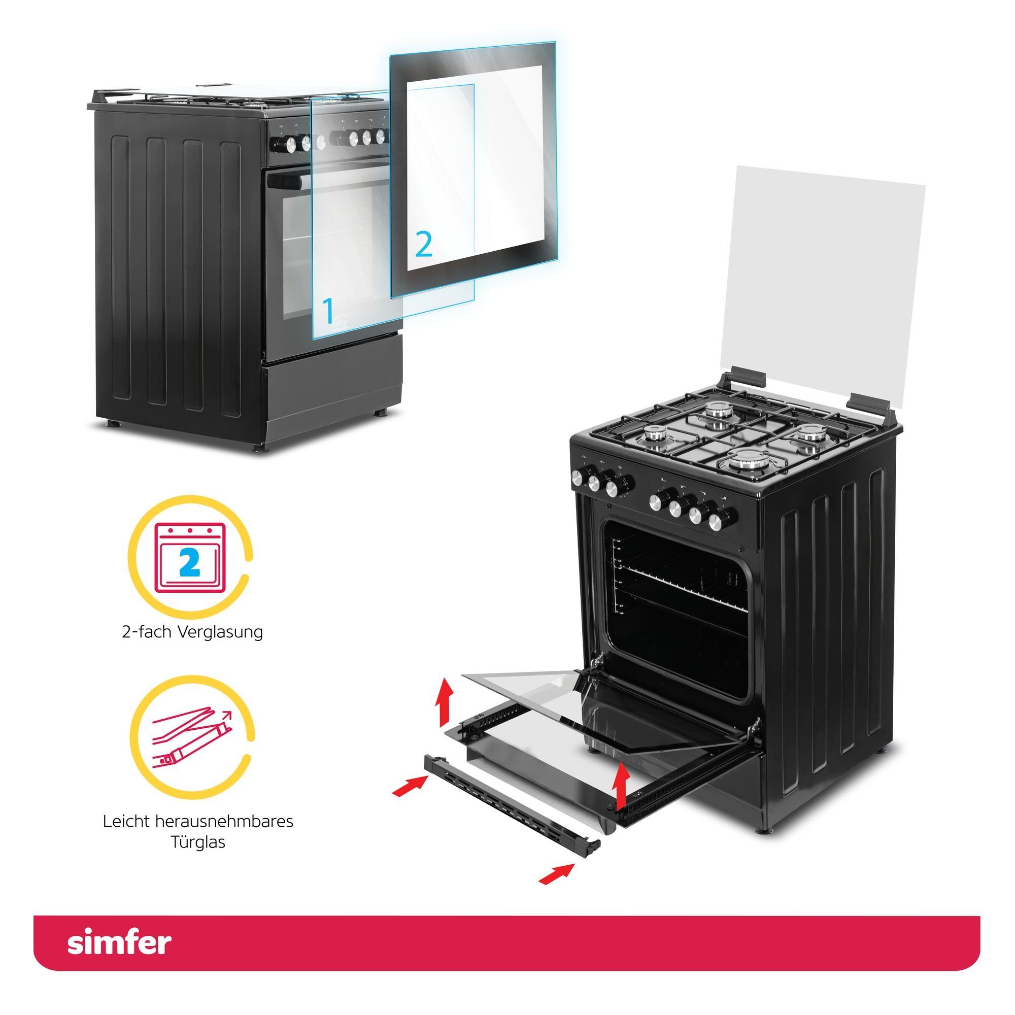 Simfer Gas-Standherd SMF FS 6031, 60 cm, Gaskochfeld mit Elektro-Backofen, 66 Liter Garraum, mit Teleskopauszug nachrüstbar, Grillfunktion, Seitengitter, Timer, Elektrische Taktfunkenzündung