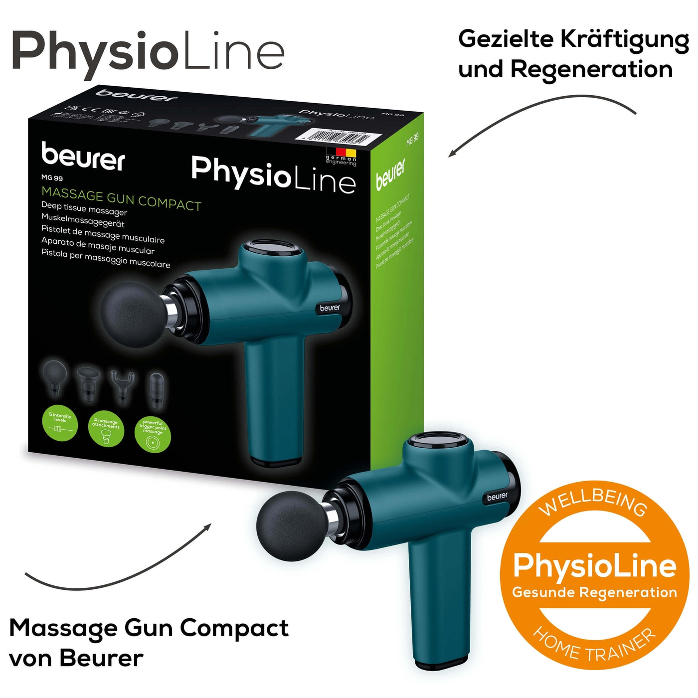 Beurer MG 99 MASSAGE GUN compact-Kompakte Massagepistole zur gezielten Muskelmassage mit 4 Aufsätzen