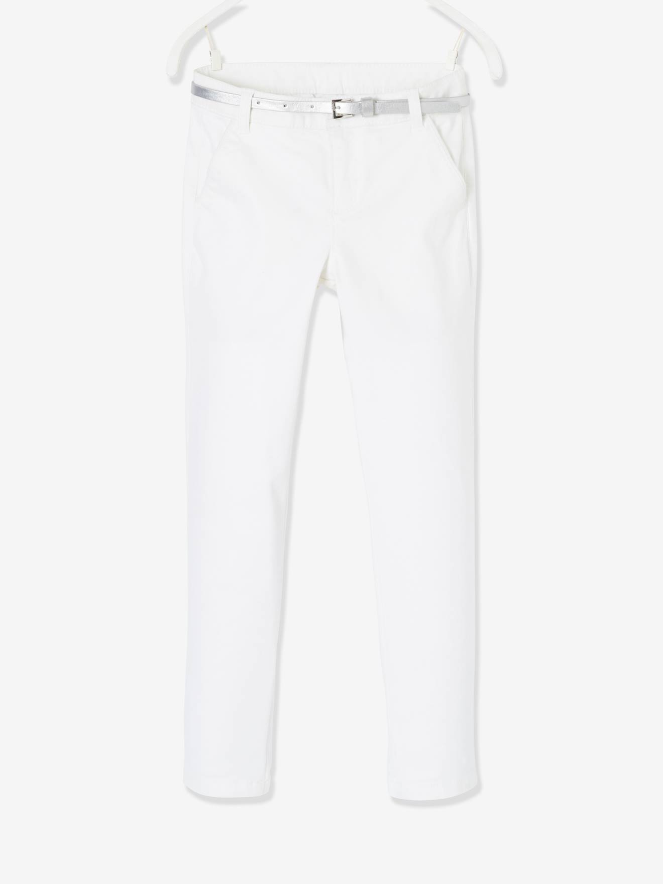 Pantalon chino fille en satin de coton et sa ceinture irisée blanc