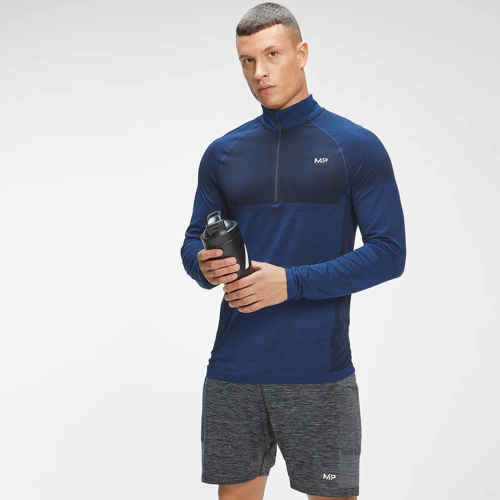 Haut sans coutures à fermeture éclair ¼ MP Essentials pour hommes – Bleu intense chiné
