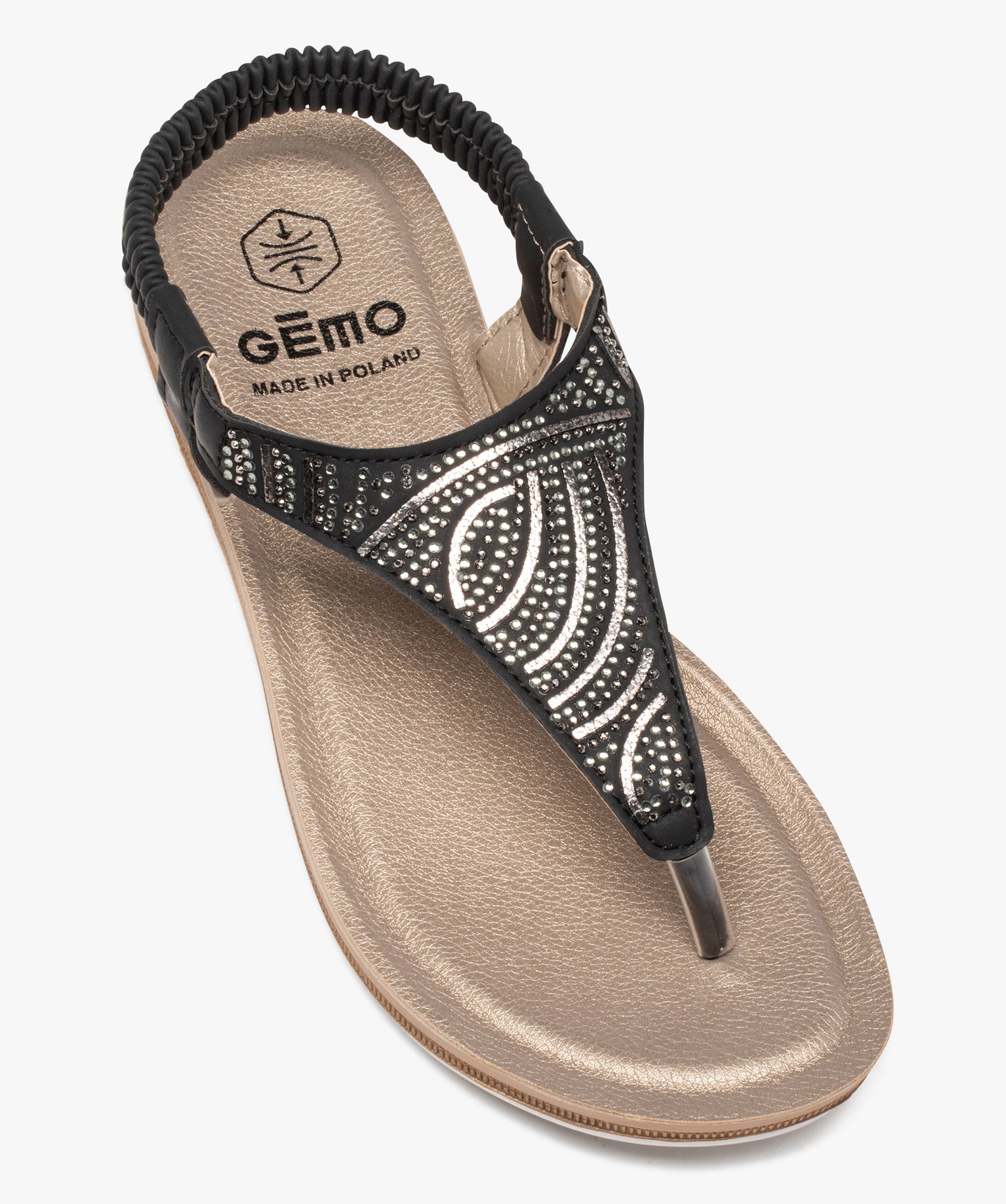 Sandales femme plates à entre-doigts ornées de strass noir | GEMO