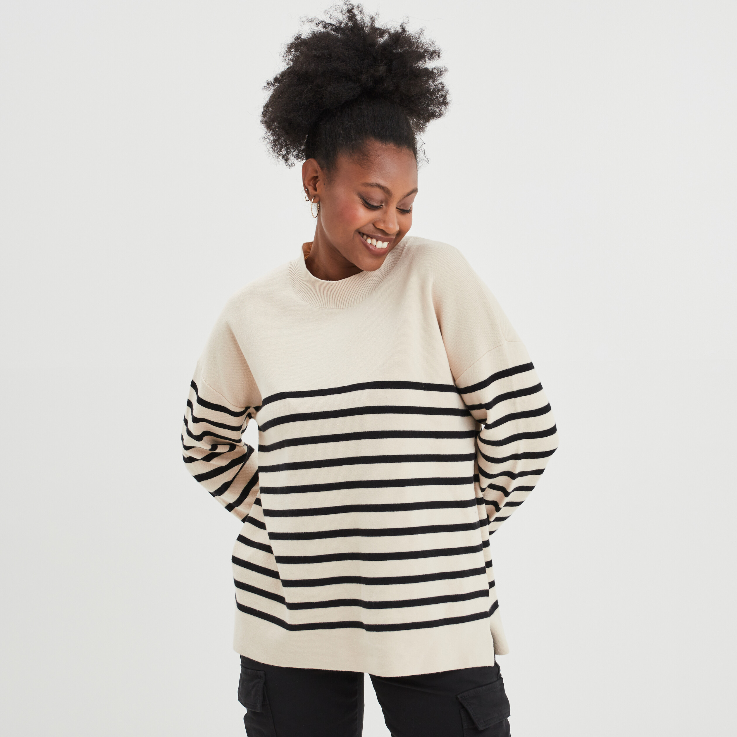 Pull col montant boutons poignets beige femme | La Halle