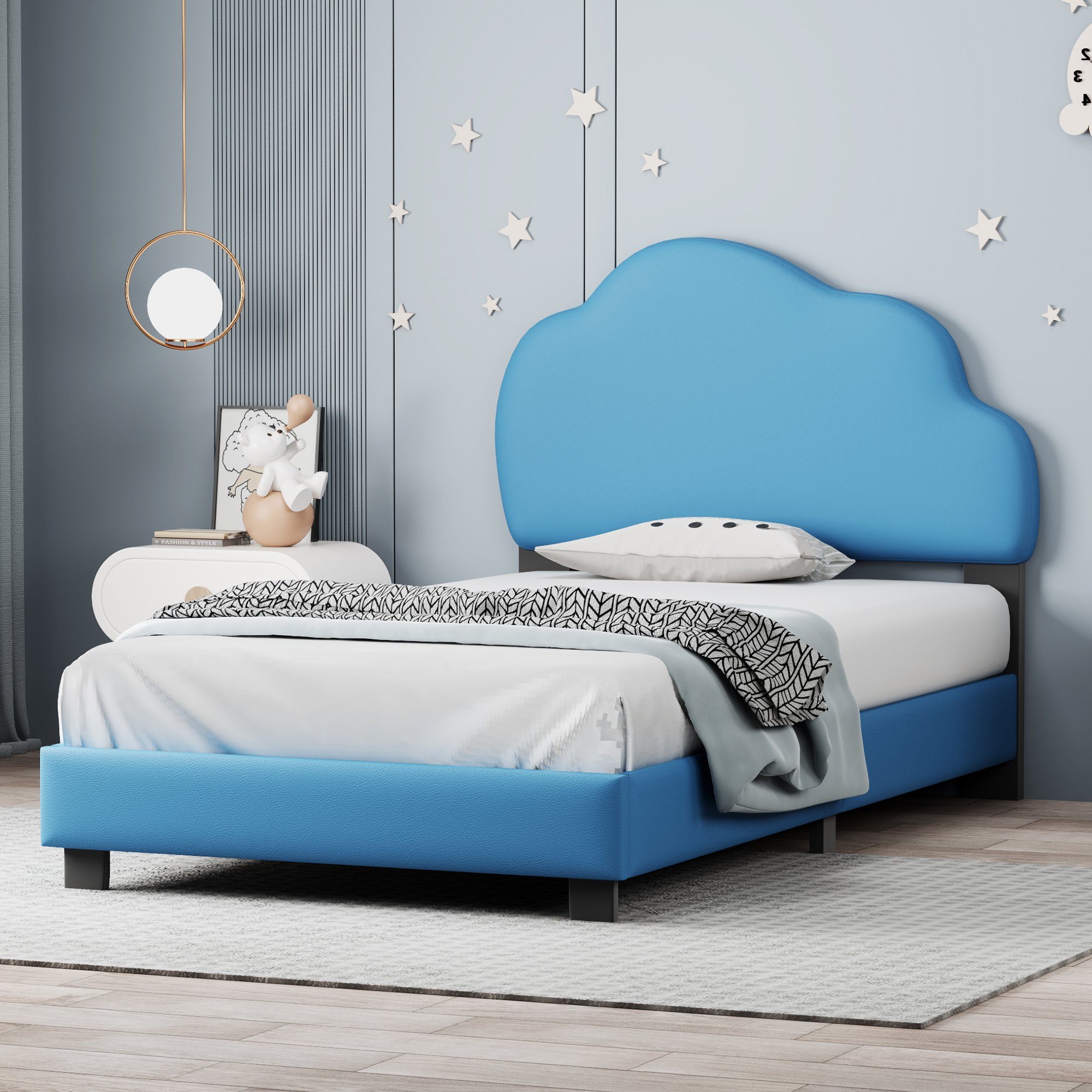 Flieks Polsterbett, Kinderbett Einzelbett mit Wolkenform Kopfteil 90x200cm Kunstlederbezug