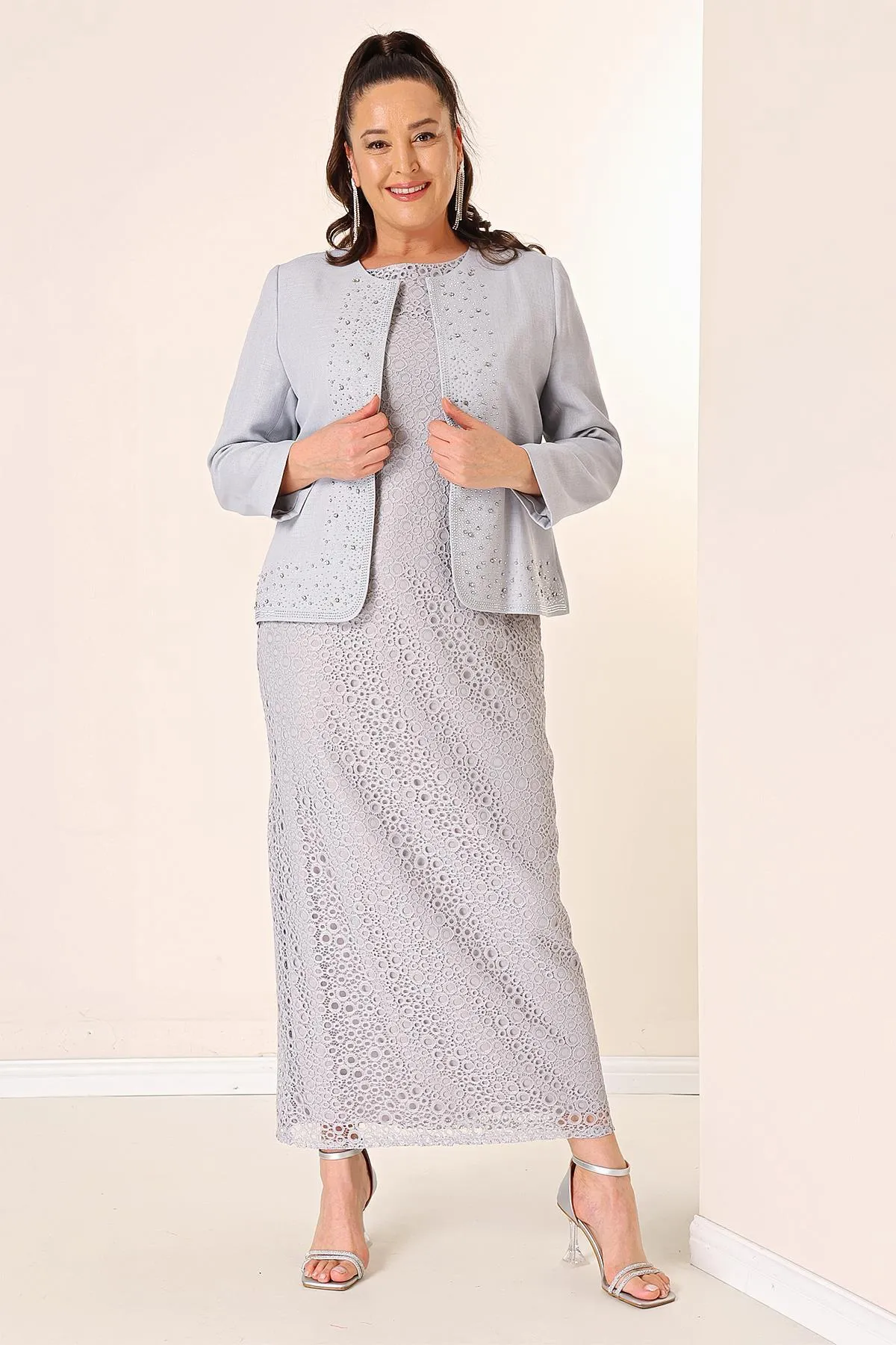 By Saygı  Ärmelloses Gülpür-Kleid, steinfarbene, detaillierte Kreppjacke, gefüttert, große Größe, 2-teiliges Set