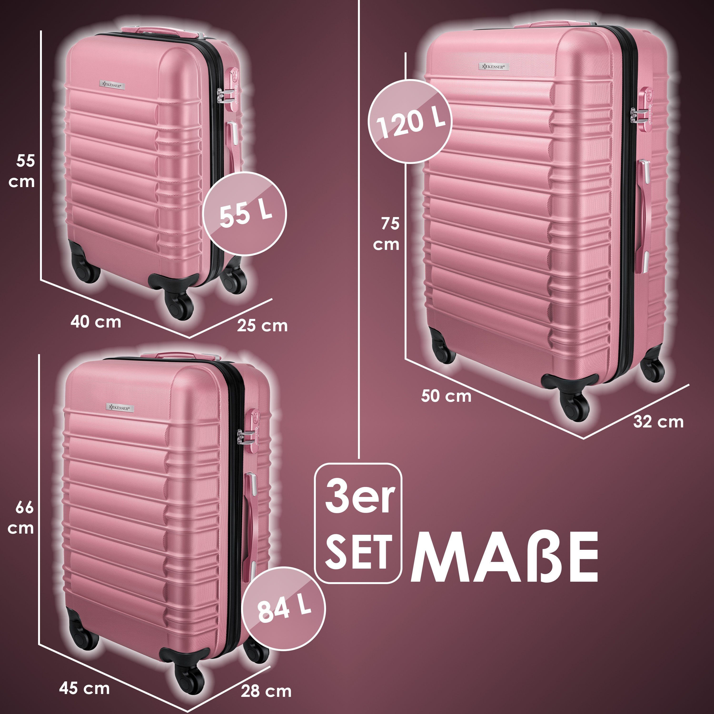 KESSER Kofferset, 4 Rollen, (3 tlg), 3tlg. Hartschalenkofferset Hartschalenkoffer Reisekoffer Set