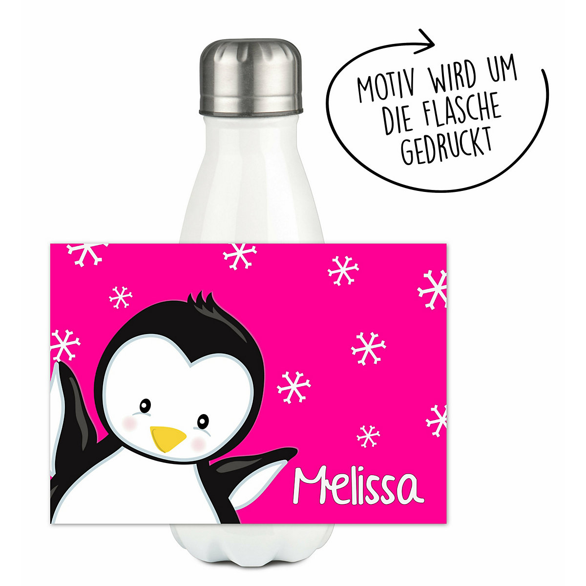 Edelstahl Kinder Thermoflasche / Trinkflasche bunt Pinguin Farbe pink Spülmaschinenfest, Auslaufsicher, Bruchfest, Doppelwandig, Für Heißgetränke geeignet, Mit Deckel, Isoliert