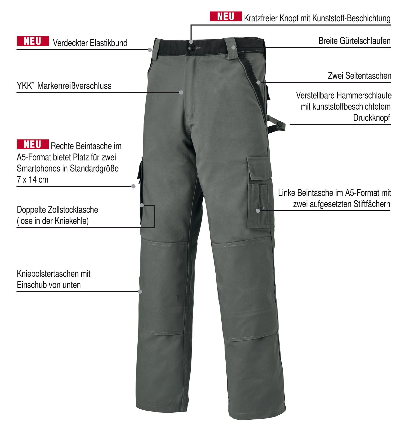 Dickies Arbeitshose Industry 30032, Sonderanfertigung verdeckter Elastikbund, Sonderanfertigung, Kratzfreie Knöpfe mit Kunststoffbeschichtung