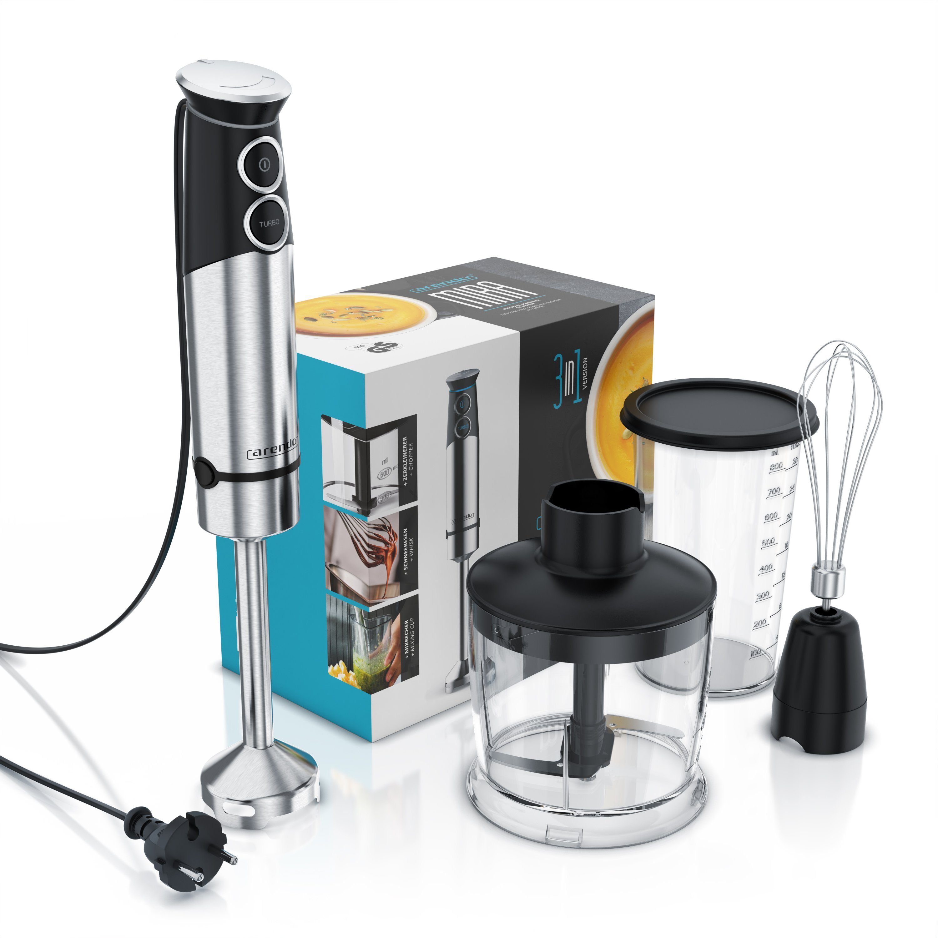 Arendo Stabmixer, 1500 W, Pürierstab Edelstahl Set, stufenlose Geschwindigkeit + Turbotaste
