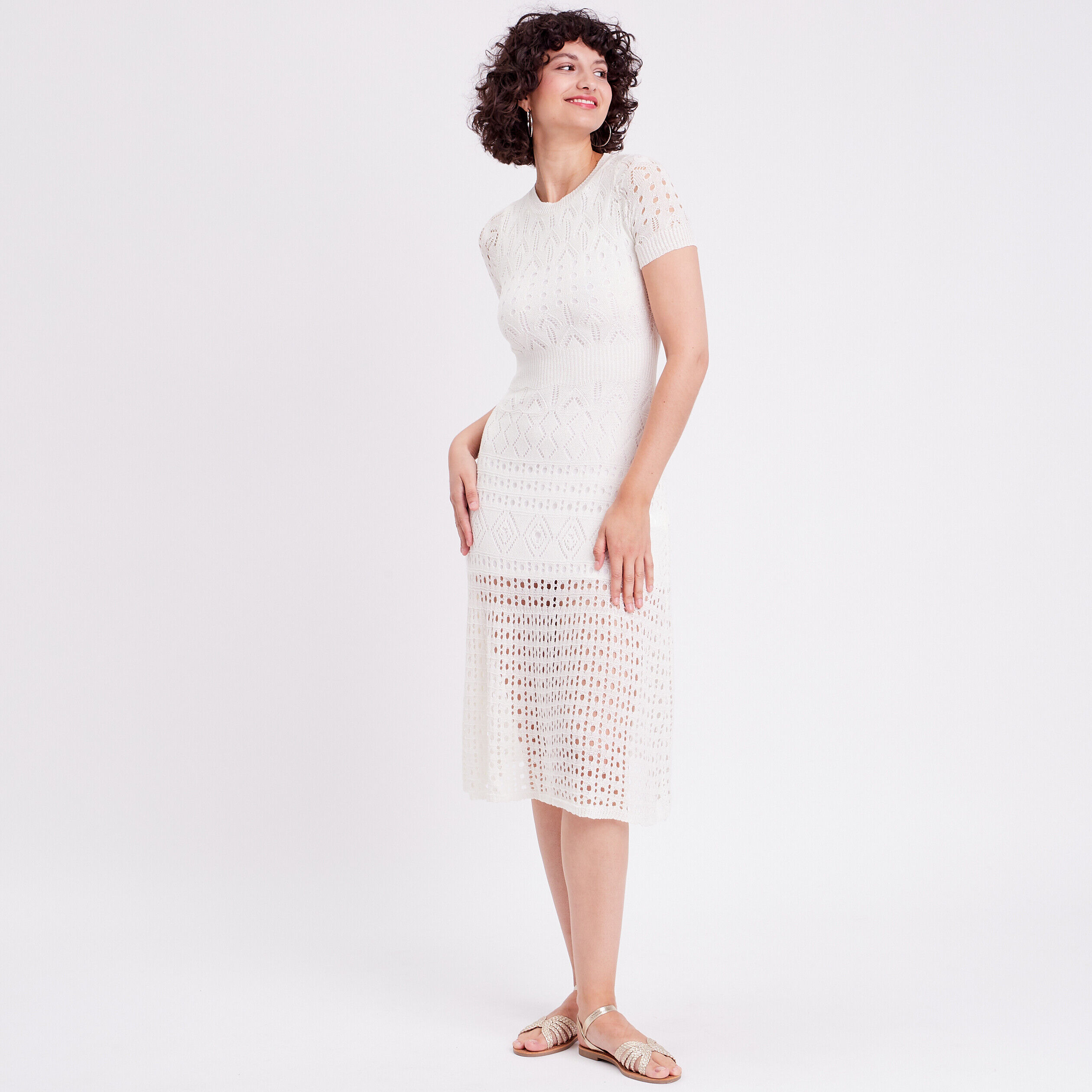 Robe midi évasée ajourée ecru femme | Cache Cache
