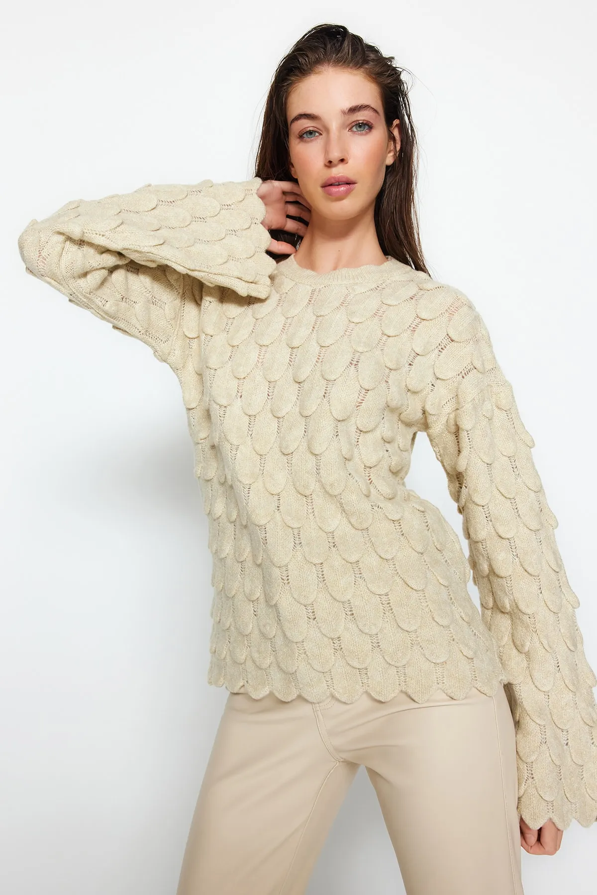 Trendyol Collection  Stone Selbstgemusterter Strickpullover mit Rundhalsausschnitt TWOAW24KZ00209