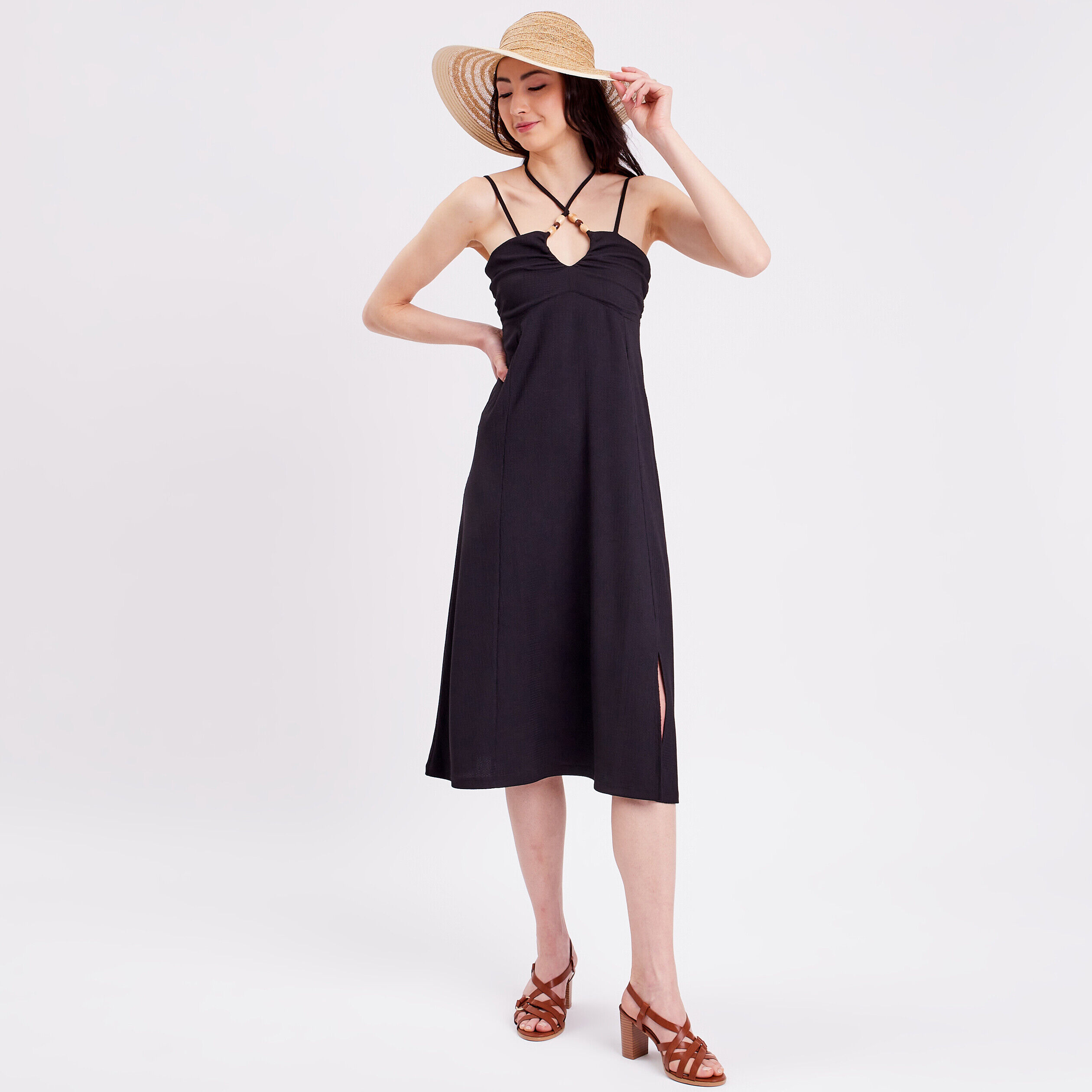 Robe évasée col bustier noir femme | Cache Cache