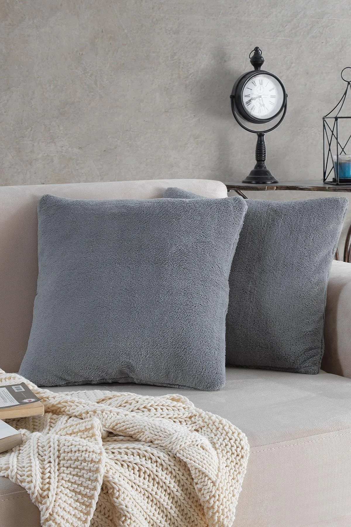 MaisonArt  Sofa | 2 Stück grauer Welsoft-Kissenbezug, 44 x 44 cm