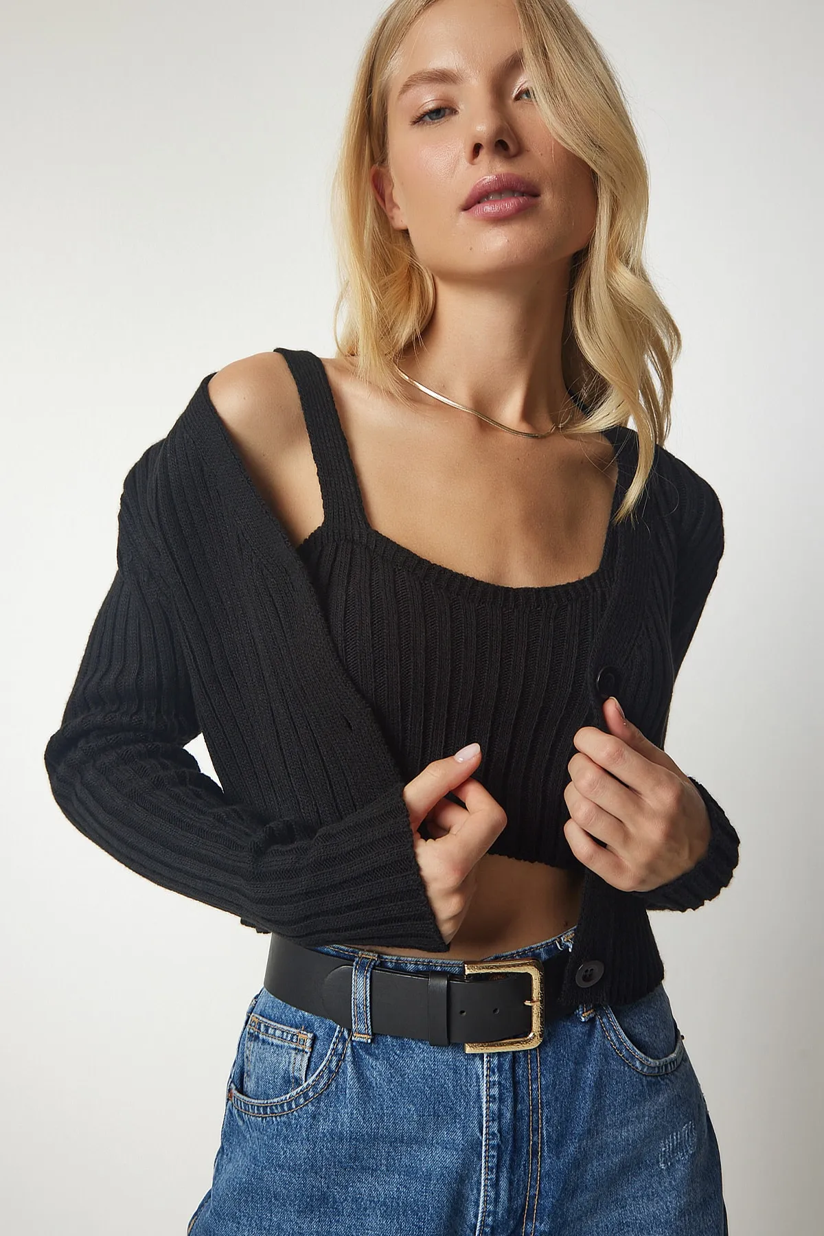 Happiness İstanbul  Schwarzes Strick-Bustier-Cardigan-Set für Damen YY00168