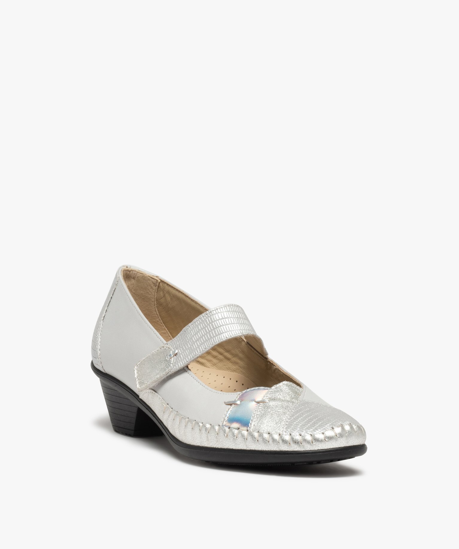 Escarpins confort femme en cuir détails brillants gris clair | GEMO