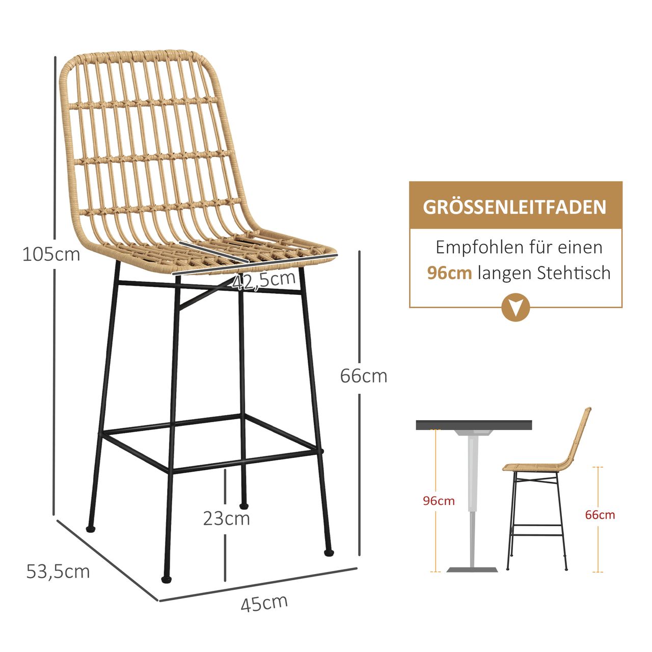 HOMCOM Barhocker 2er-Set, Barstuhl mit Rückenlehne aus PE-Rattan, Gelb