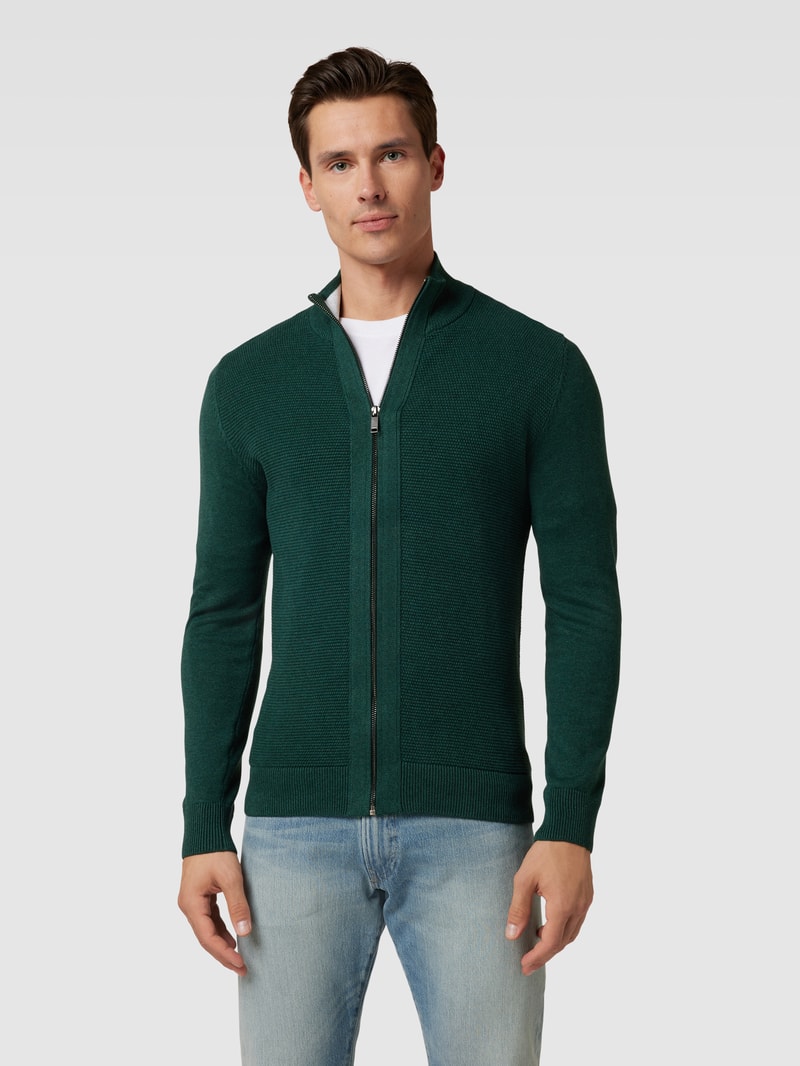 Strickjacke mit Stehkragen in dunkelgrün meliert