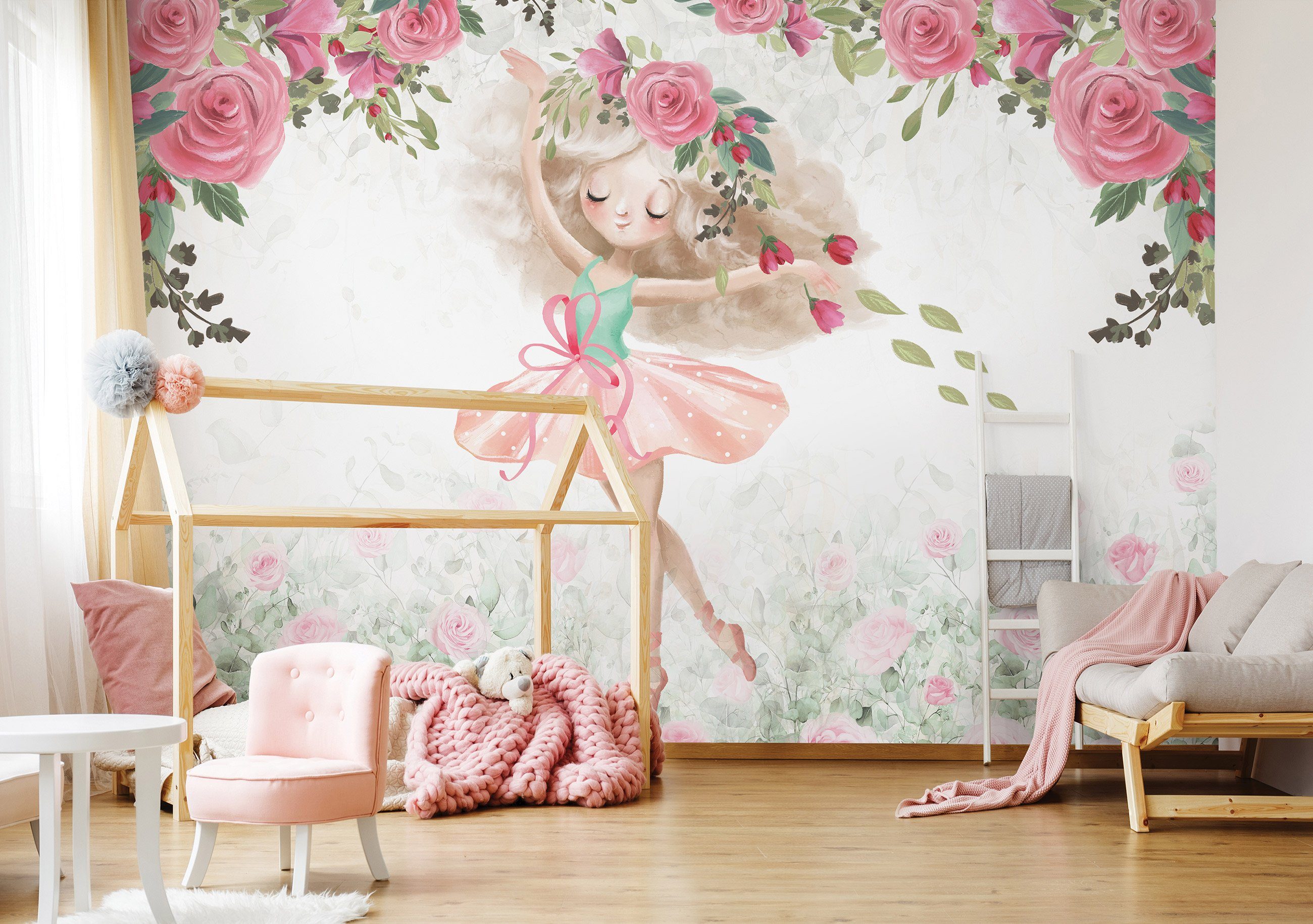 Wallarena Fototapete Kinderzimmer Mädchen Baby Ballerina Blumen Blätter Rosa Rose Vlies Tapete für Babyzimmer oder Mädchenzimmer Vliestapete Wandtapete Motivtapete, Glatt, Ballerina, Vliestapete inklusive Kleister