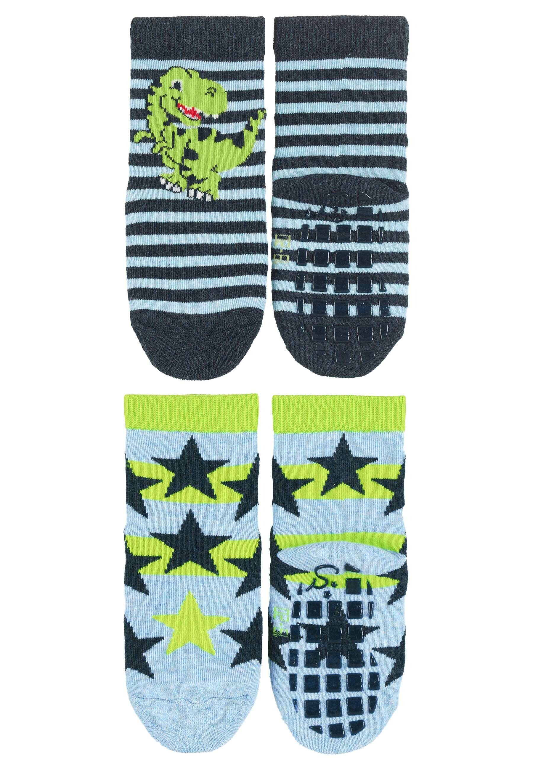 Sterntaler® ABS-Socken ABS-Söckchen T-Rex + Sterne, 2er-Pack (2er Pack Fliesensocken mit Vollplüsch) Rutschsocken mit Noppen an der Sohle, ABS- Socken mit süßen Motiven