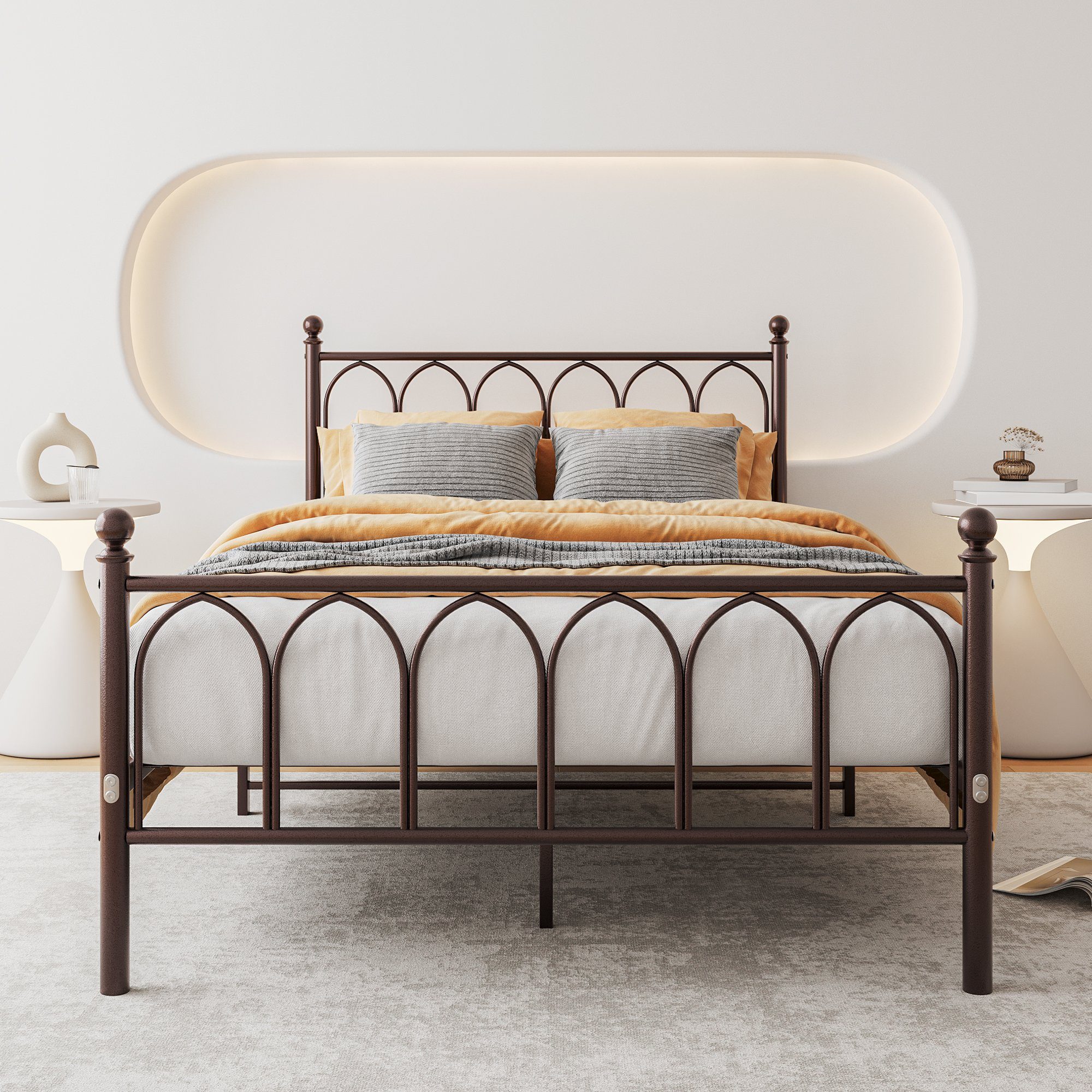 WISHDOR Metallbett Einzelbett mit Lattenrost (120 x 200 cm Braun ohne Martratze), Bettgestell aus Metall, passend für 120 x 200 cm Matratze