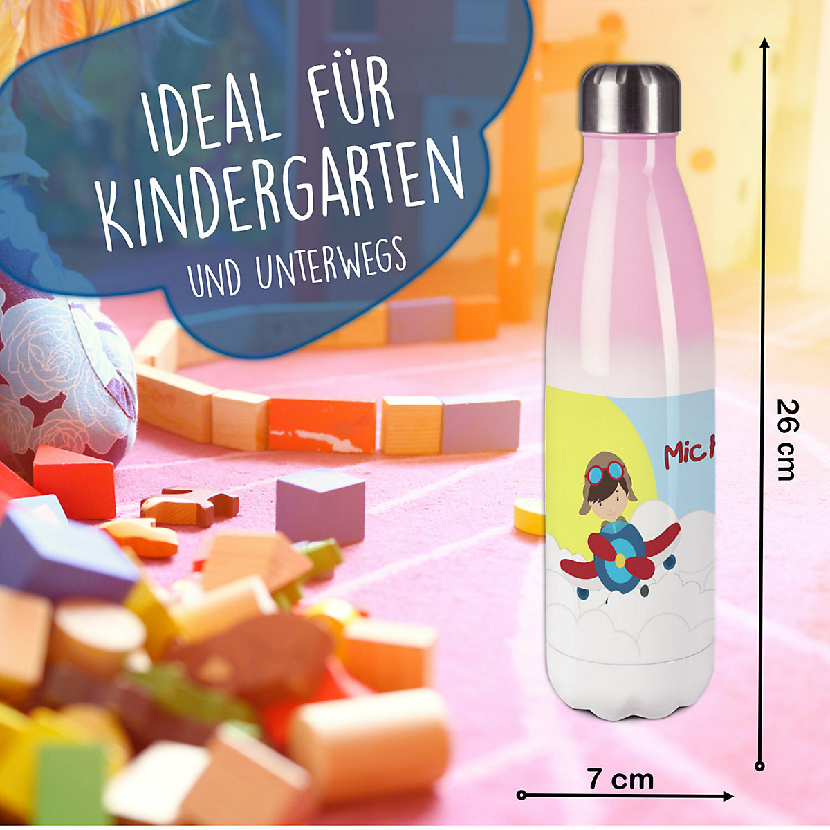 Edelstahl Kinder Thermoflasche / Trinkflasche bunt Flugzeug-Wolken Spülmaschinenfest, Auslaufsicher, Bruchfest, Doppelwandig, Für Heißgetränke geeignet, Mit Deckel, Isoliert