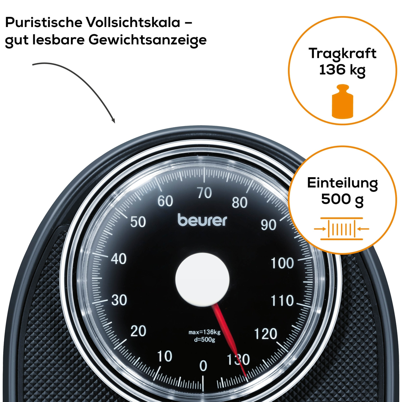 Beurer Mechanische Waage MS 40-Analoge Personenwaage ohne Batterien im Retro-Design - bis 135 kg