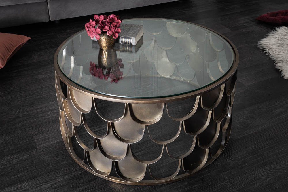 riess-ambiente Couchtisch ABSTRACT Ø60cm transparent / antik Messing (Einzelartikel, 1-St), Wohnzimmer · rund · Glas · Metall · Industrial · Fischschuppen Design