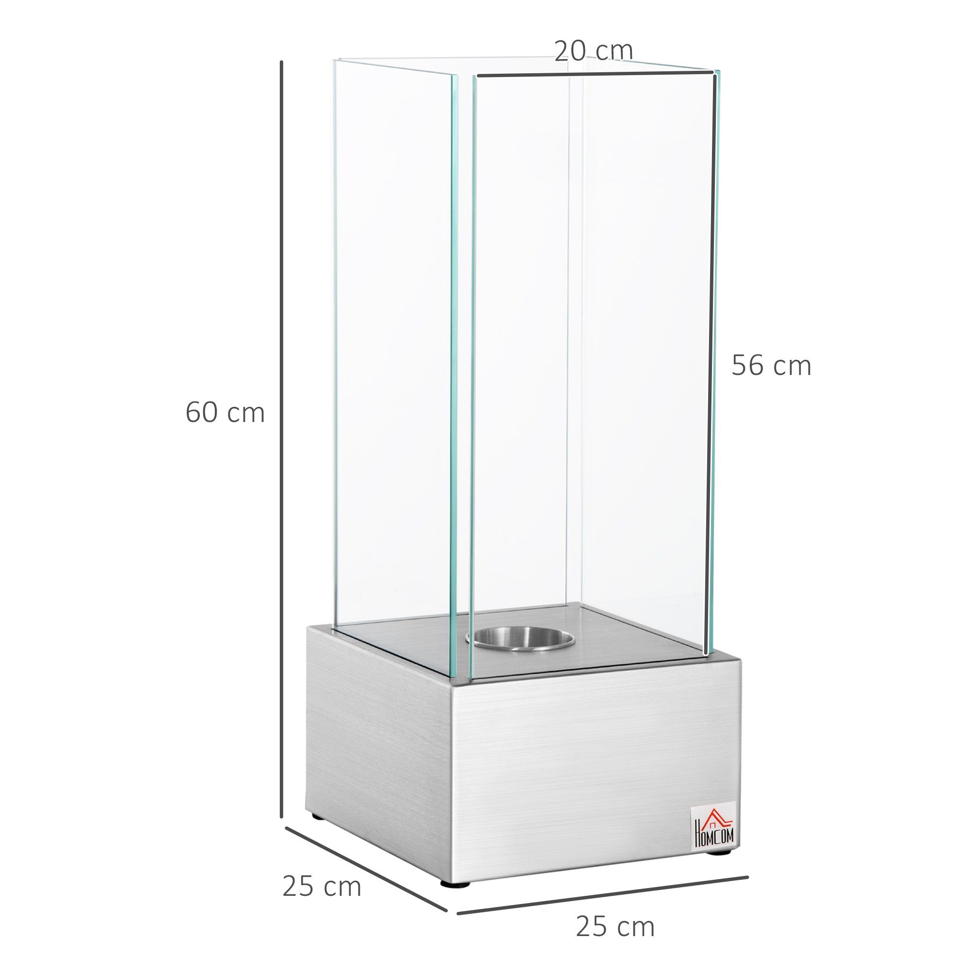 HOMCOM Echtfeuer-Dekokamin Ethanol-Kamin (Set, 1-St., 1 x Ethanol-Kamin; 1 x Handbuch), mit Bioethanol Brenner, Hartglas Silber 25 x 25 x 60 cm
