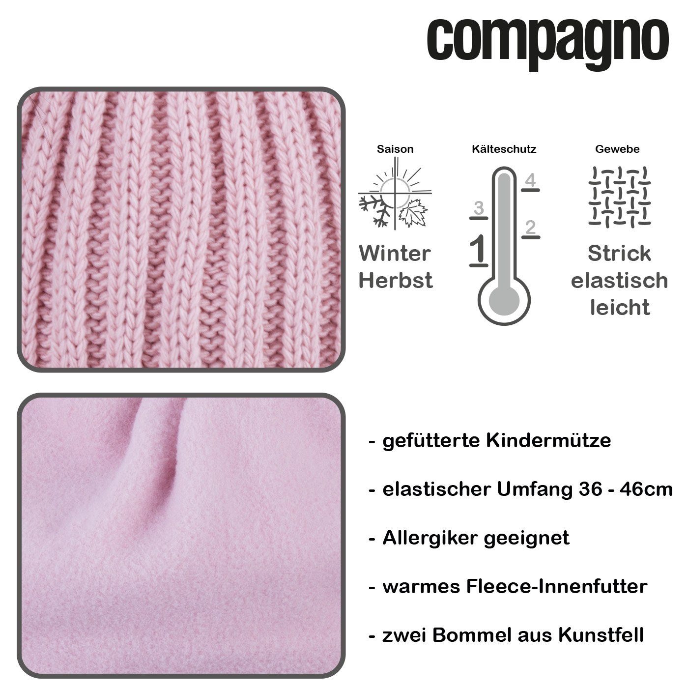compagno Bommelmütze (1-St) Kindermütze Kinder Wintermütze Beanie Strickmütze Mädchen Mütze