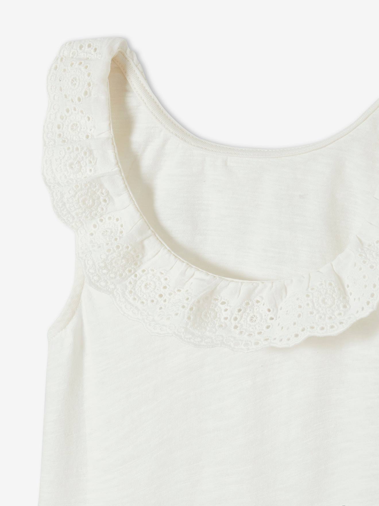 Débardeur fille col volanté en broderie anglaise bleu