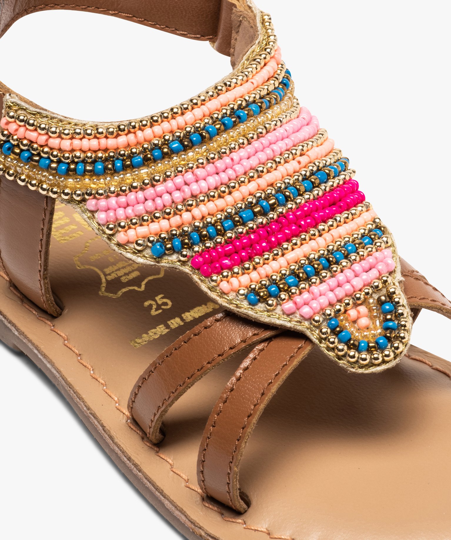 Sandales fille ornées de perles et fermeture scratch camel | GEMO