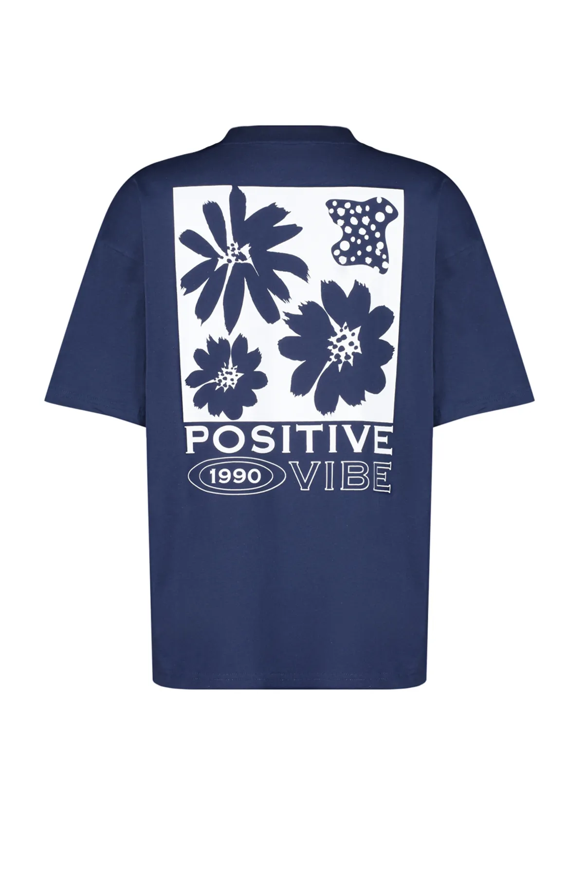 Trendyol Collection  Marineblaues Strick-T-Shirt mit Rundhalsausschnitt aus 100 % Baumwolle mit Rückendruck, übergroße/weite Passform, TWOSS23TS00321