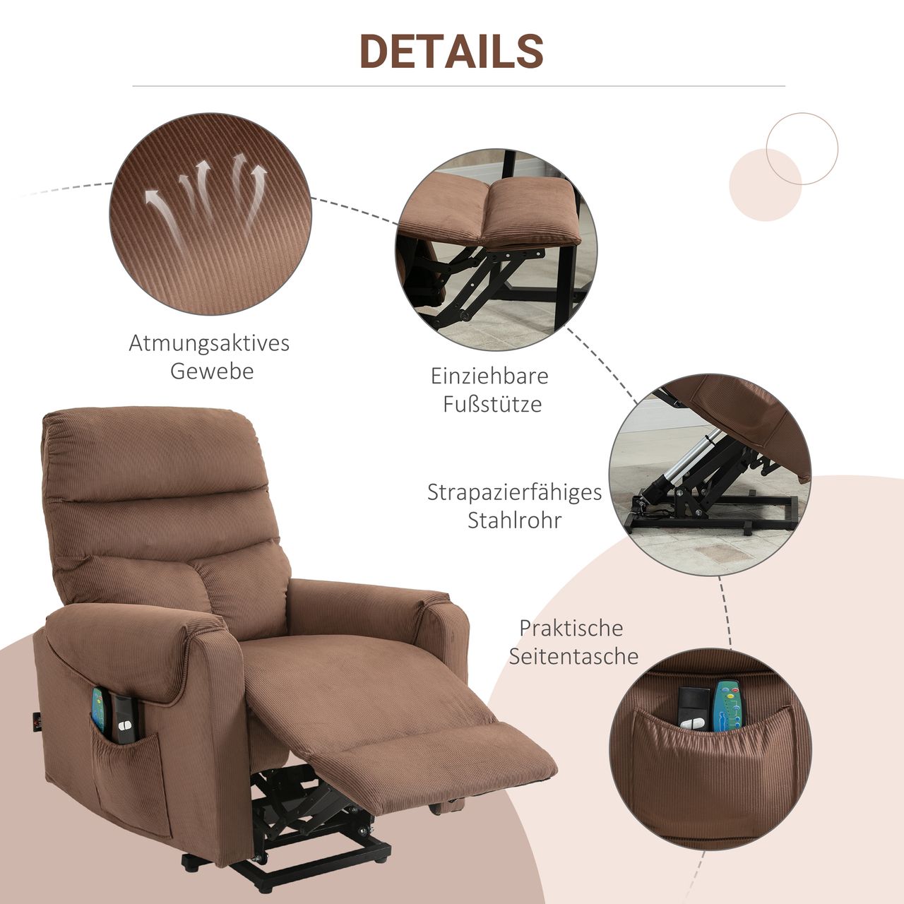 HOMCOM Fernsehsessel mit Massagefunktion Aufstehhilfe Fernbedienung Heizung elektrisch Liegefunktion Polyester-Gewebe Metall Hellbraun 79 x 97 x 103 cm