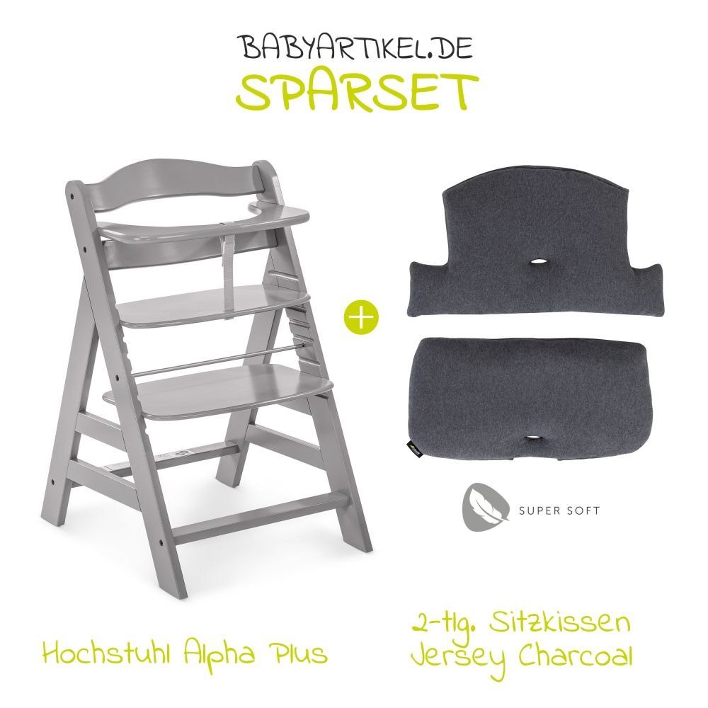 Hauck Hochstuhl Alpha Plus Grey (Set), Mitwachsender Holz Kinderhochstuhl mit Sitzauflage höhenverstellbar