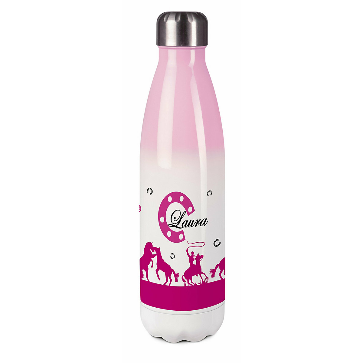 Edelstahl Kinder Thermoflasche / Trinkflasche bunt Cowboy Pferde Farbe pink Spülmaschinenfest, Auslaufsicher, Bruchfest, Doppelwandig, Für Heißgetränke geeignet, Mit Deckel, Isoliert
