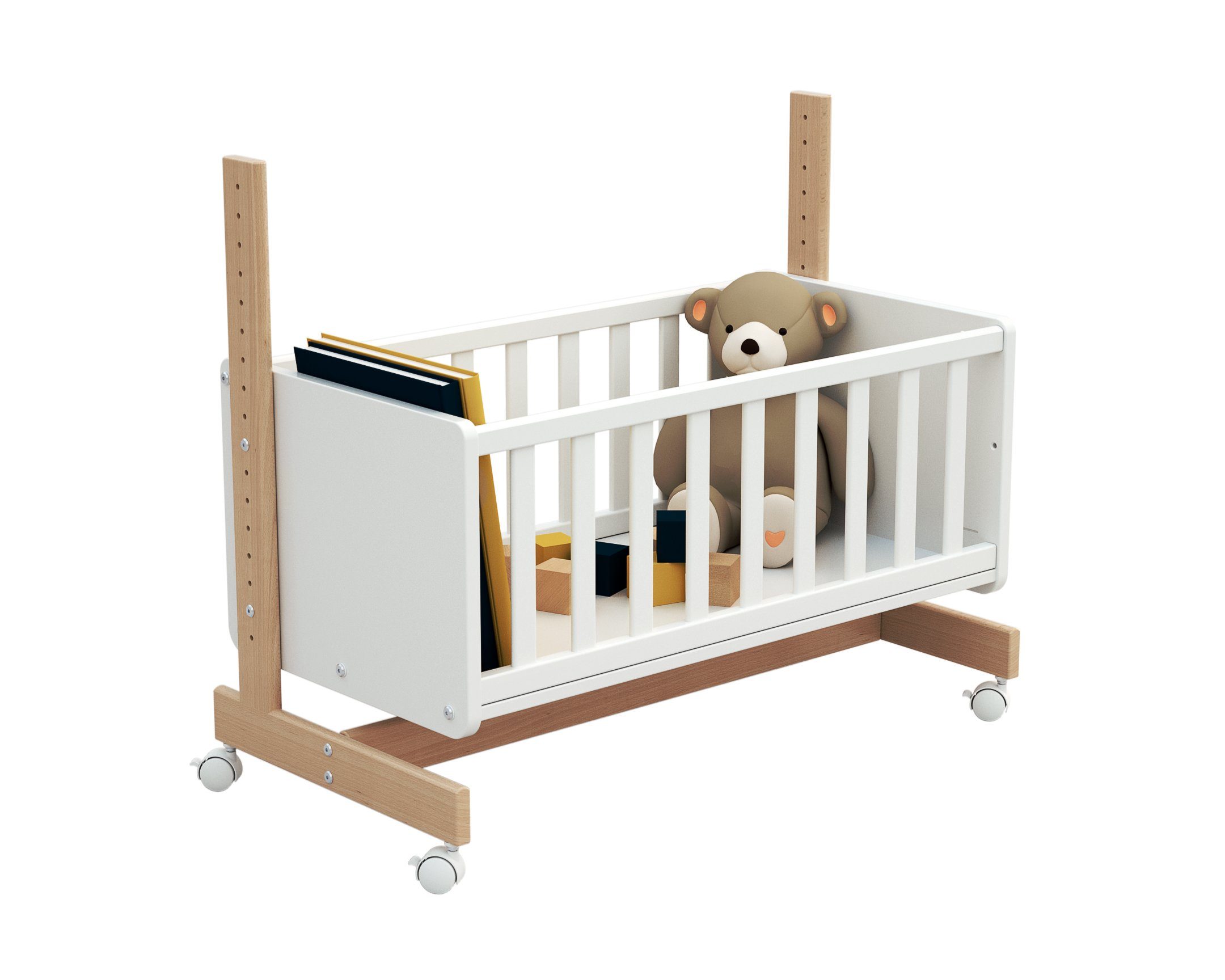 Osann Beistellbett Beistellbett 5in1, umbaubares Babybett aus Holz mit Matratze, Rollen, Gitterbett