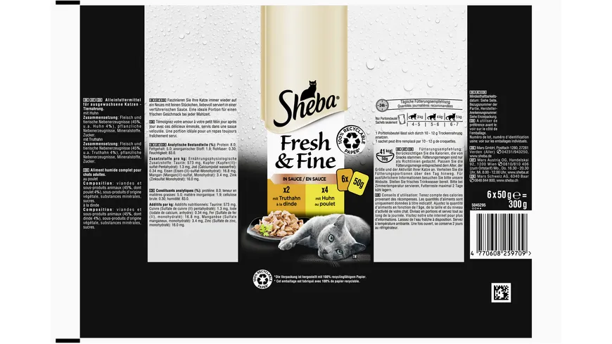 SHEBA® Fresh & Fine in Sauce mit Truthahn und mit Huhn Portionsbeutel 300 g