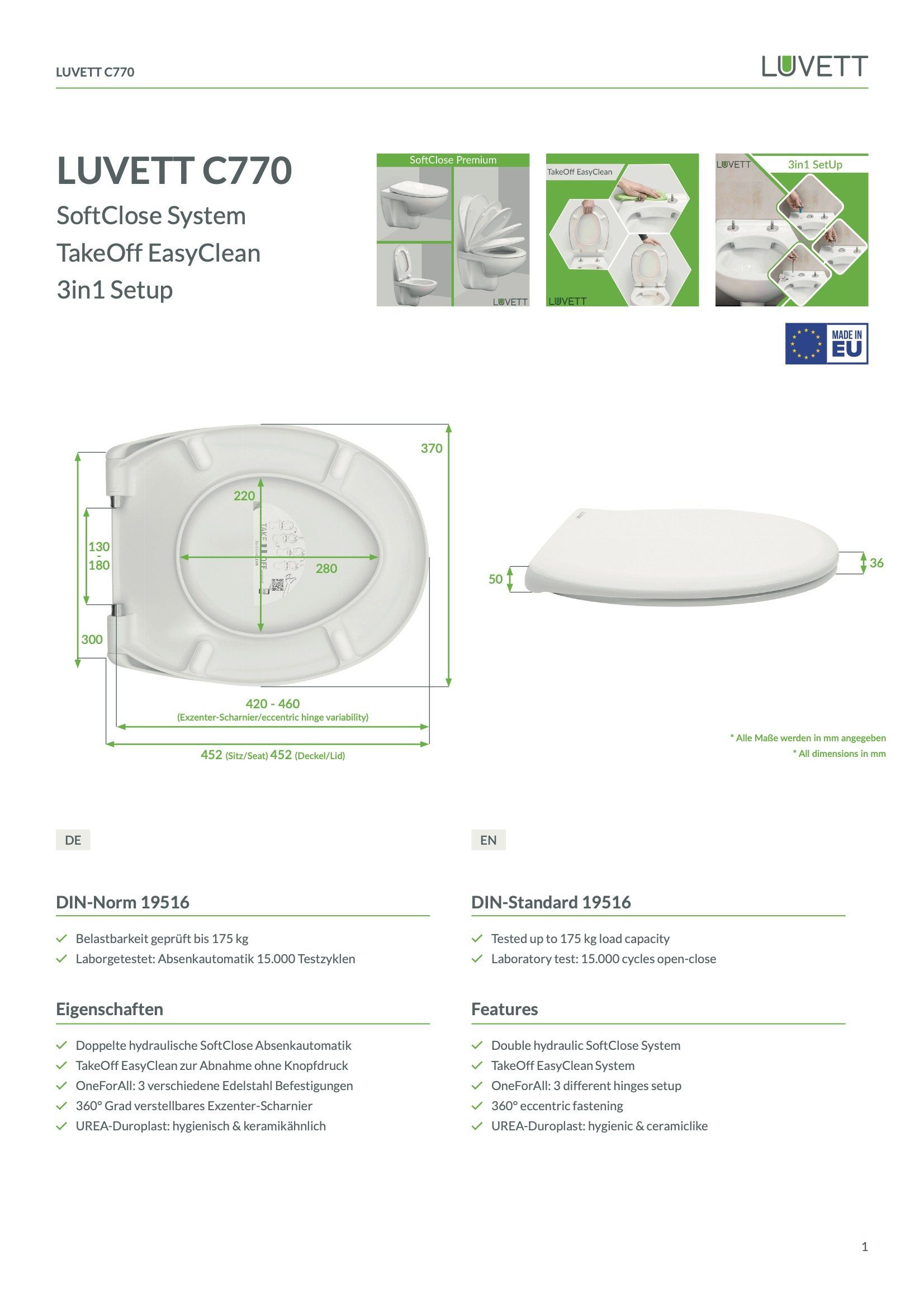 LUVETT WC-Sitz Premium C770 (Inklusive 3 Befestigungsarten), mit Original SoftClose® Absenkautomatik, Duroplast