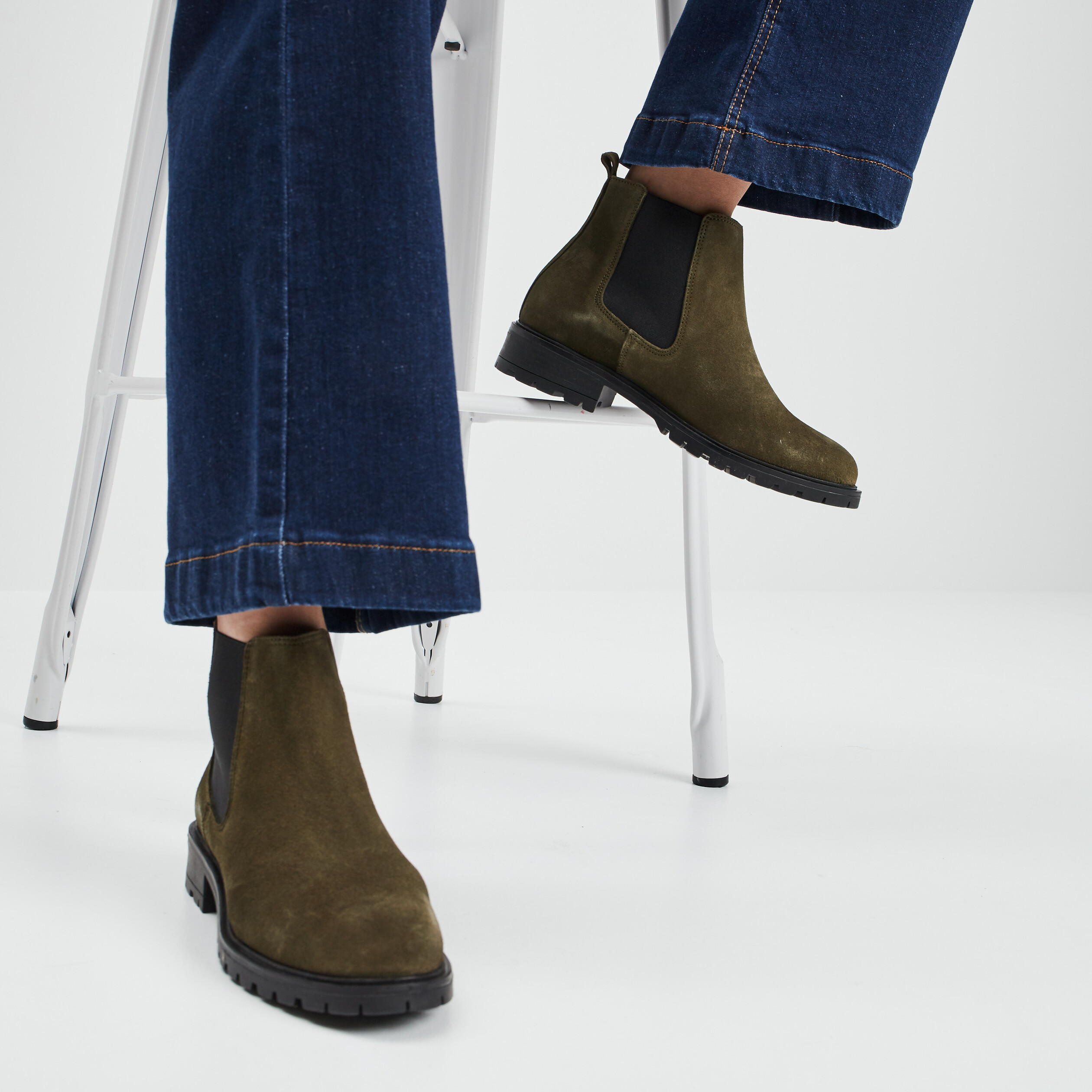 Bottines chelsea en cuir vert kaki femme | La Halle