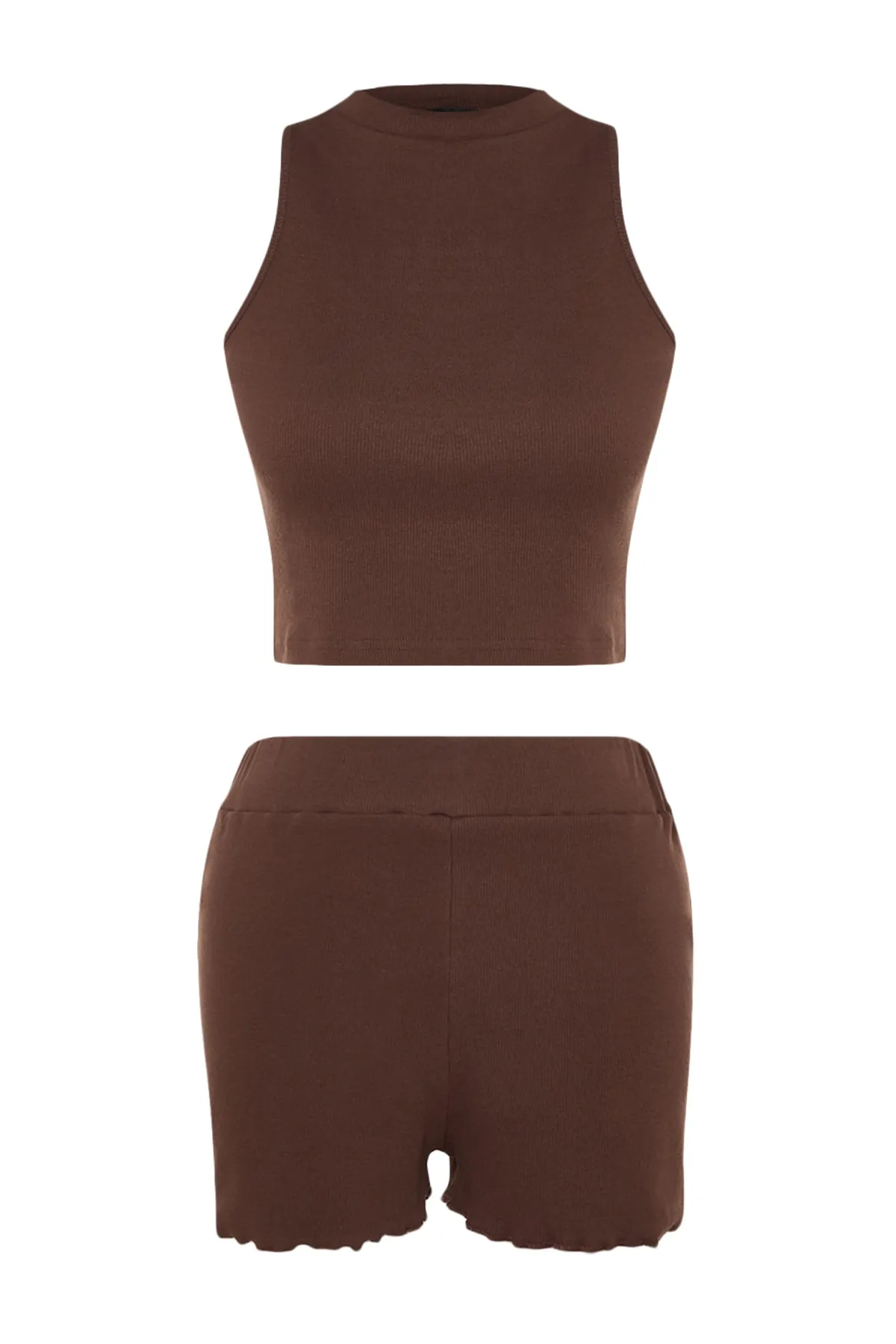 Trendyol Collection  Braunes Neckholder-Unterhemd-Shorts-Set aus gerippter Baumwolle mit gestricktem Unterteil und Oberteil THMSS23AL00006